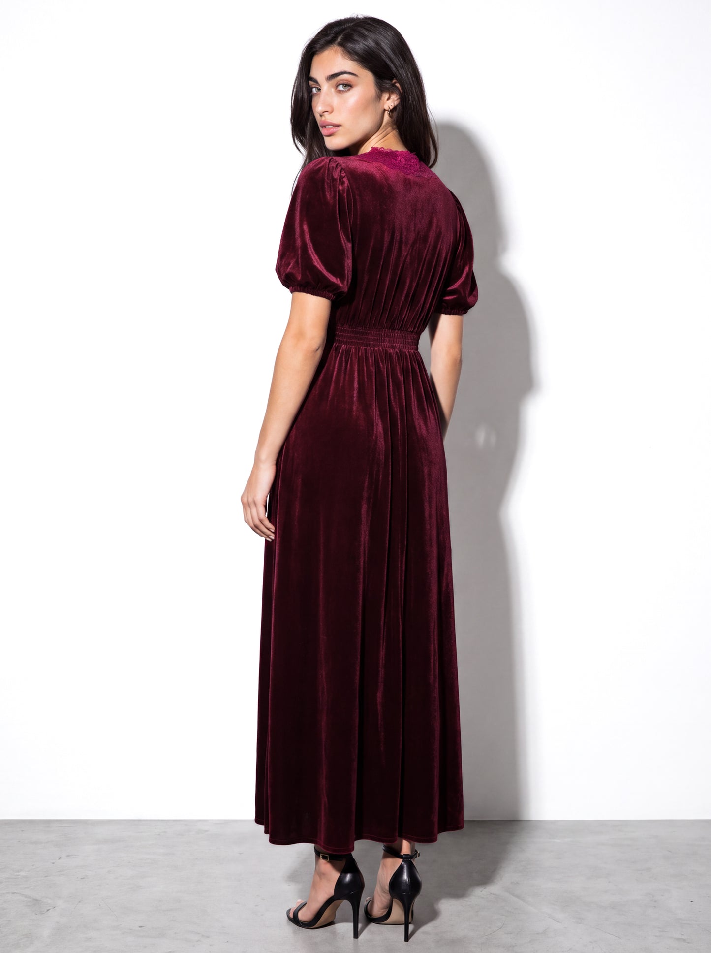 Lovedrobe Berry Short Sleeve V Neck Lace Trim Velvet Midaxi Dress