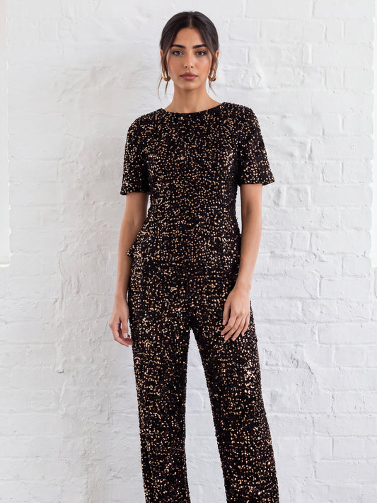 Lovedrobe Black Embellished Velvet Short Sleeve Boxy Top