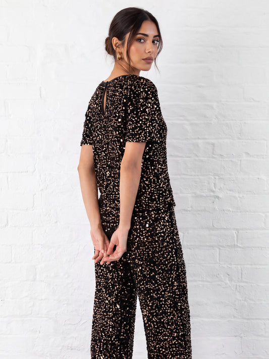 Lovedrobe Black Embellished Velvet Short Sleeve Boxy Top