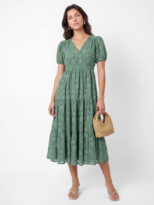 Lovedrobe Sea Green Short Sleeve Floral Burnout Midi Dress