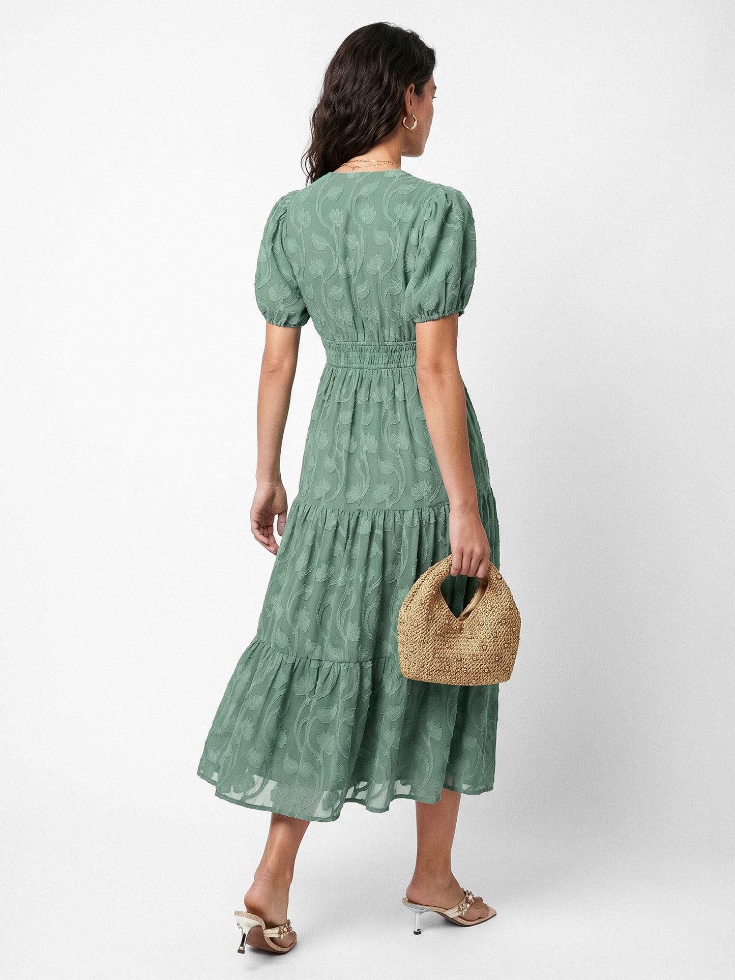 Lovedrobe Sea Green Short Sleeve Floral Burnout Midi Dress