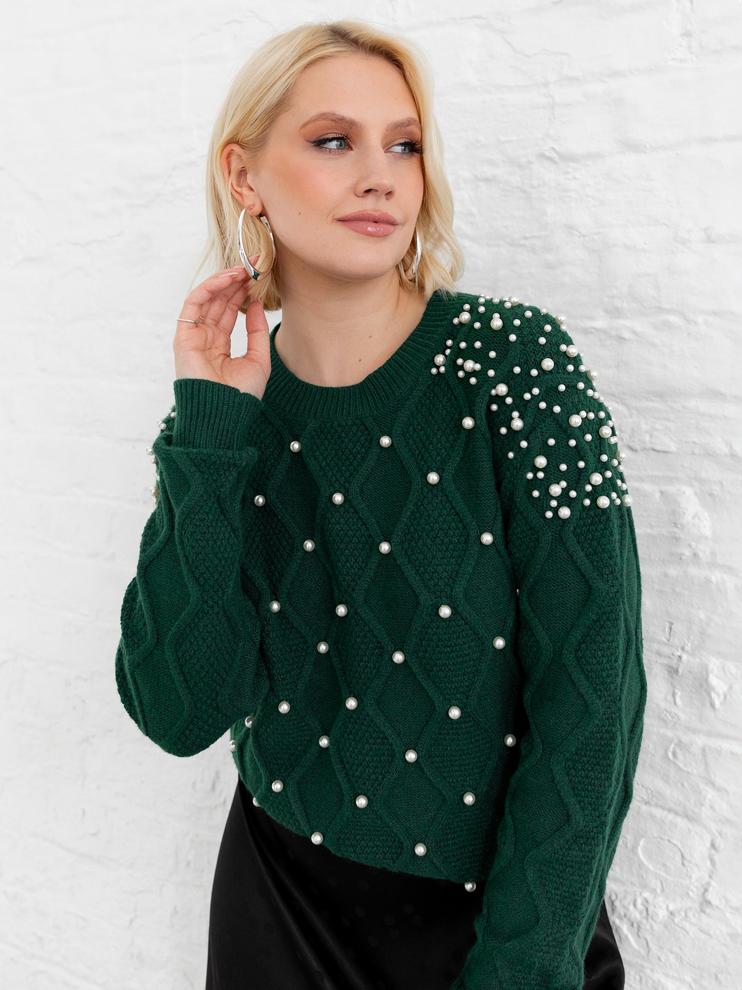 Lovedrobe Pearl Embellished Green Cable Knit Jumper