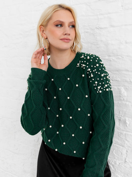 Lovedrobe Pearl Embellished Green Cable Knit Jumper