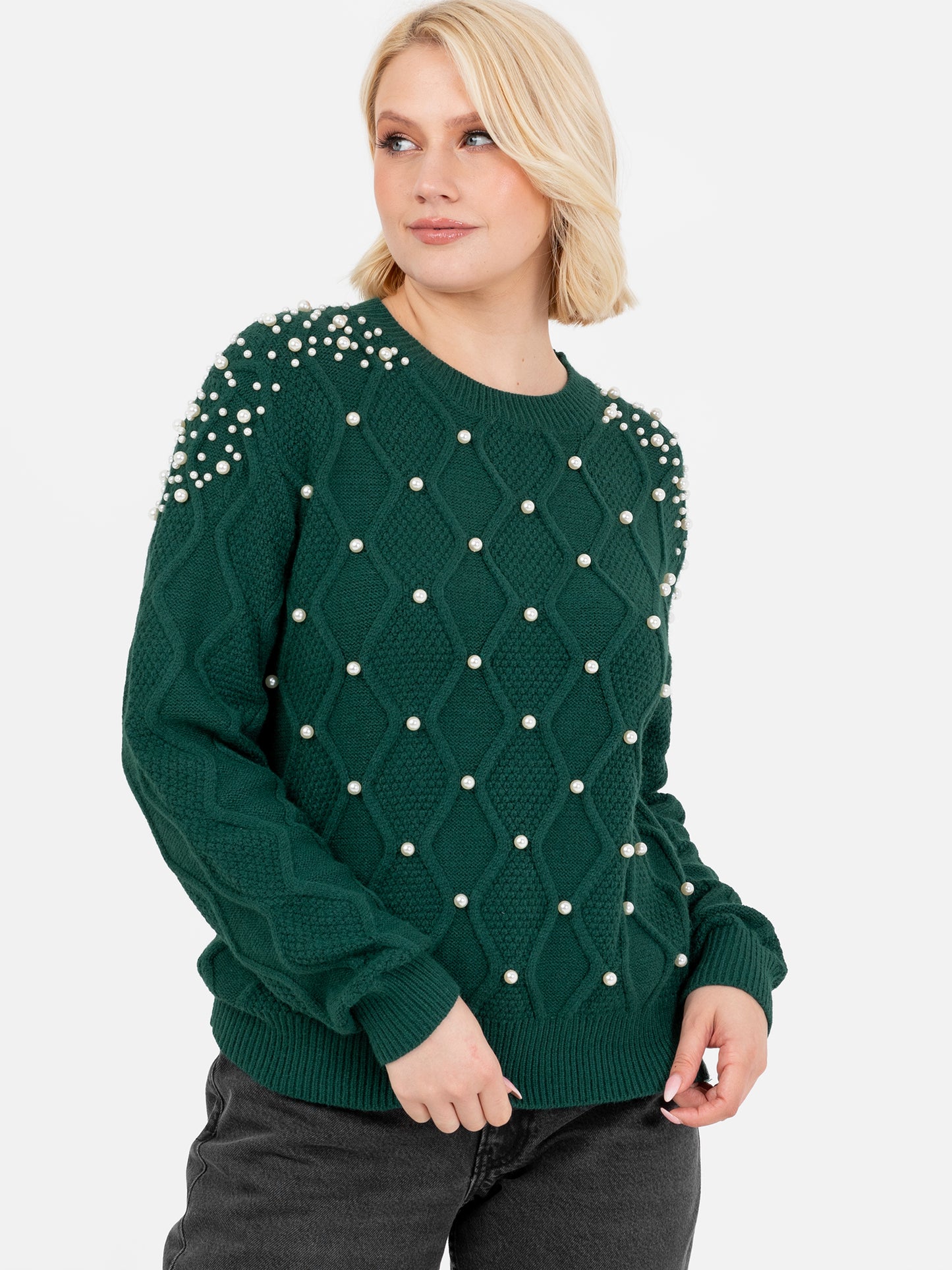Lovedrobe Pearl Embellished Green Cable Knit Jumper