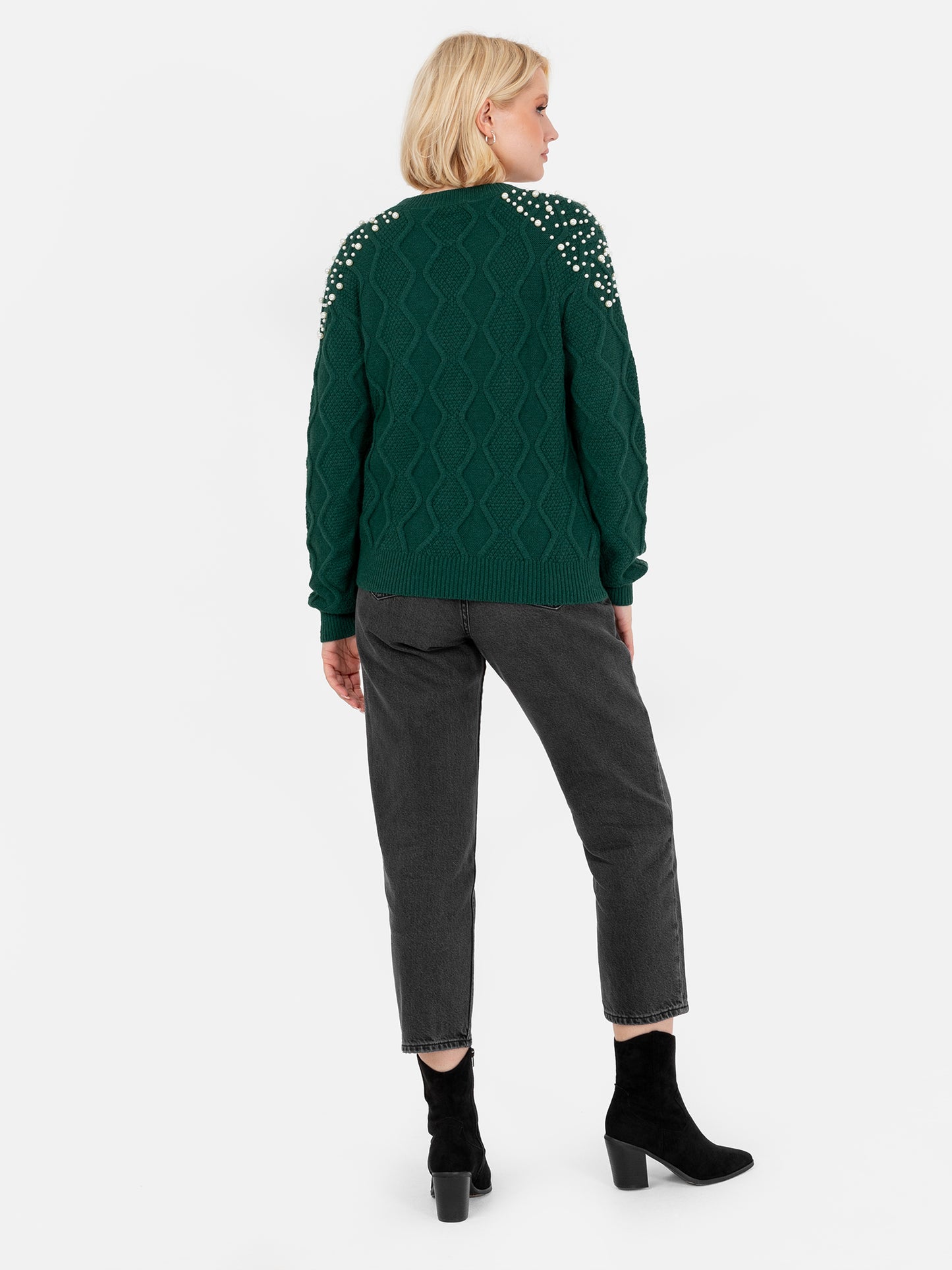 Lovedrobe Pearl Embellished Green Cable Knit Jumper