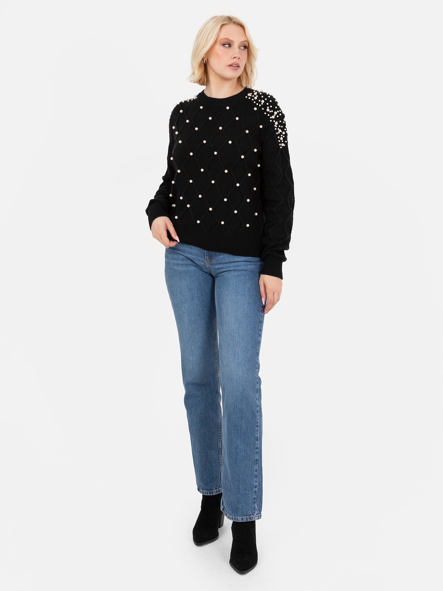 Lovedrobe Pearl Embellished Black Cable Knit Jumper