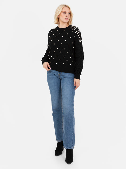 Lovedrobe Pearl Embellished Black Cable Knit Jumper