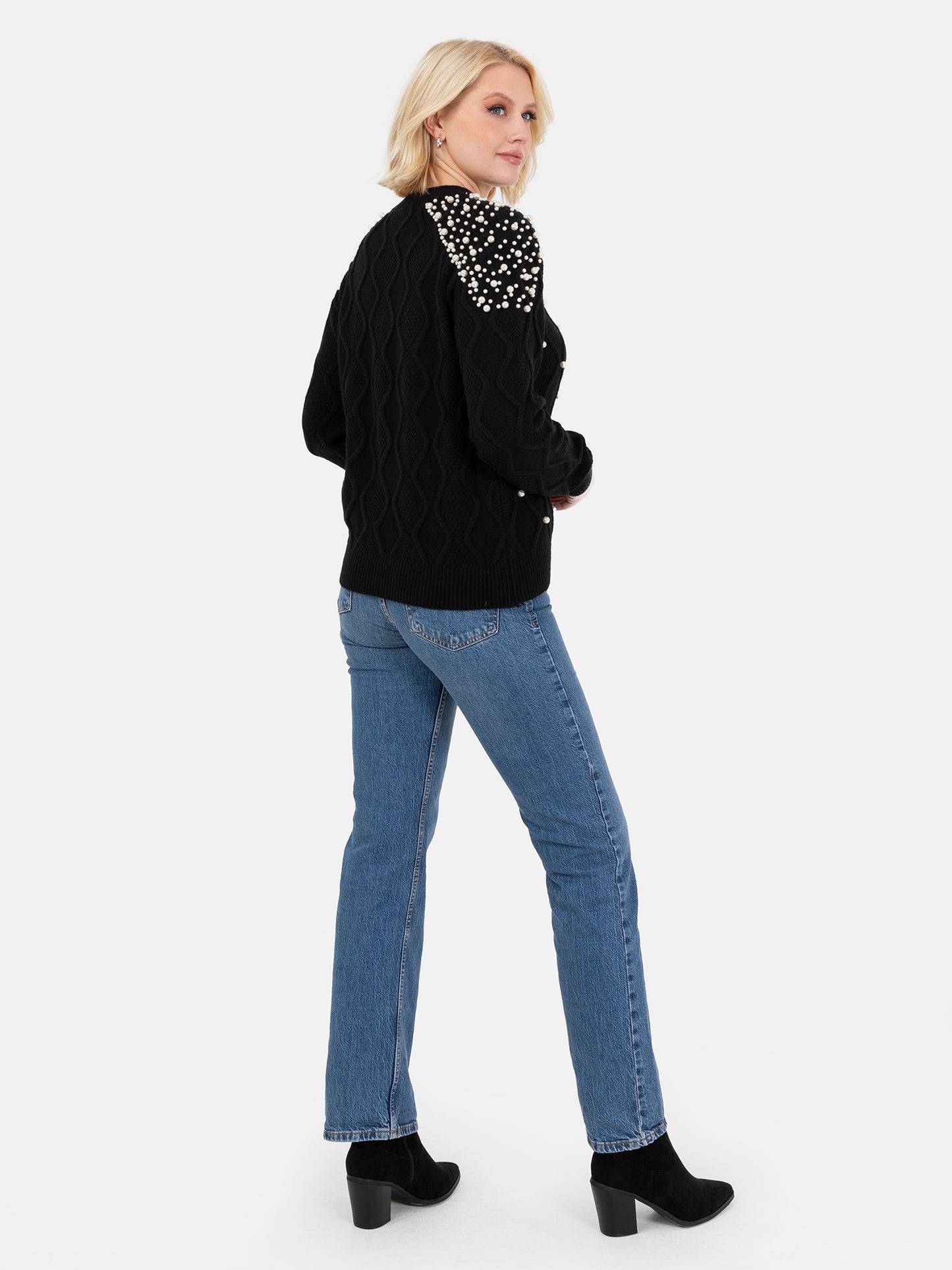 Lovedrobe Pearl Embellished Black Cable Knit Jumper