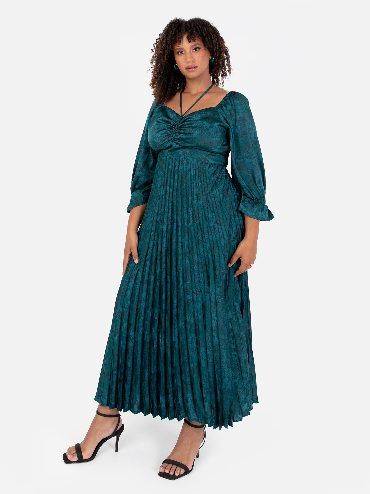 Lovedrobe Luxe Tie Neck Pleated Satin Midi Dress