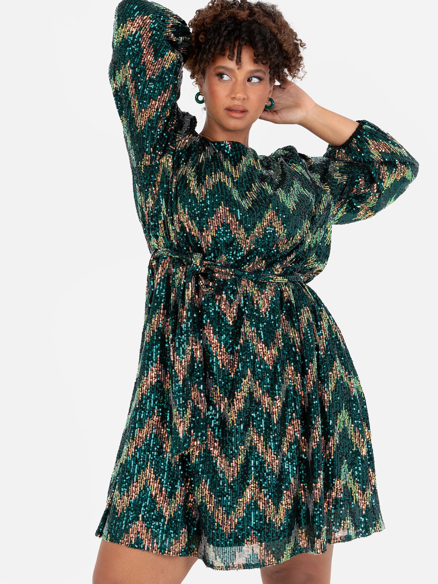 Lovedrobe Luxe Zig-Zag Sequin Maxi Sleeve Belted Mini Dress