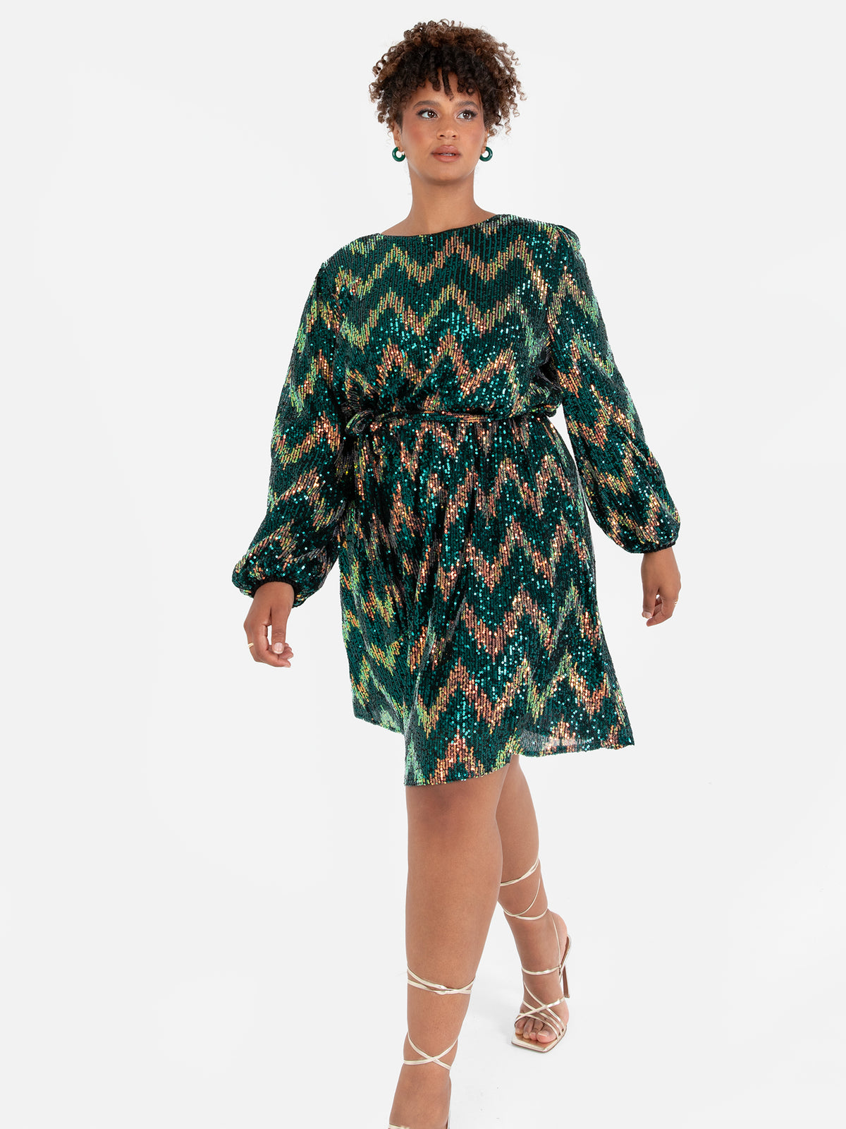 Lovedrobe Luxe Zig Zag Sequin Maxi Sleeve Belted Mini Dress