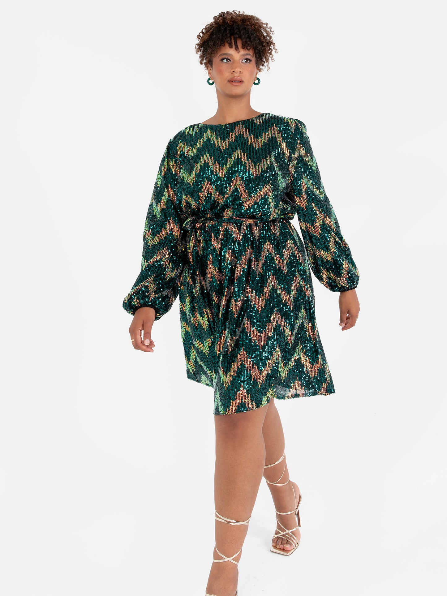 Lovedrobe Luxe Zig-Zag Sequin Maxi Sleeve Belted Mini Dress