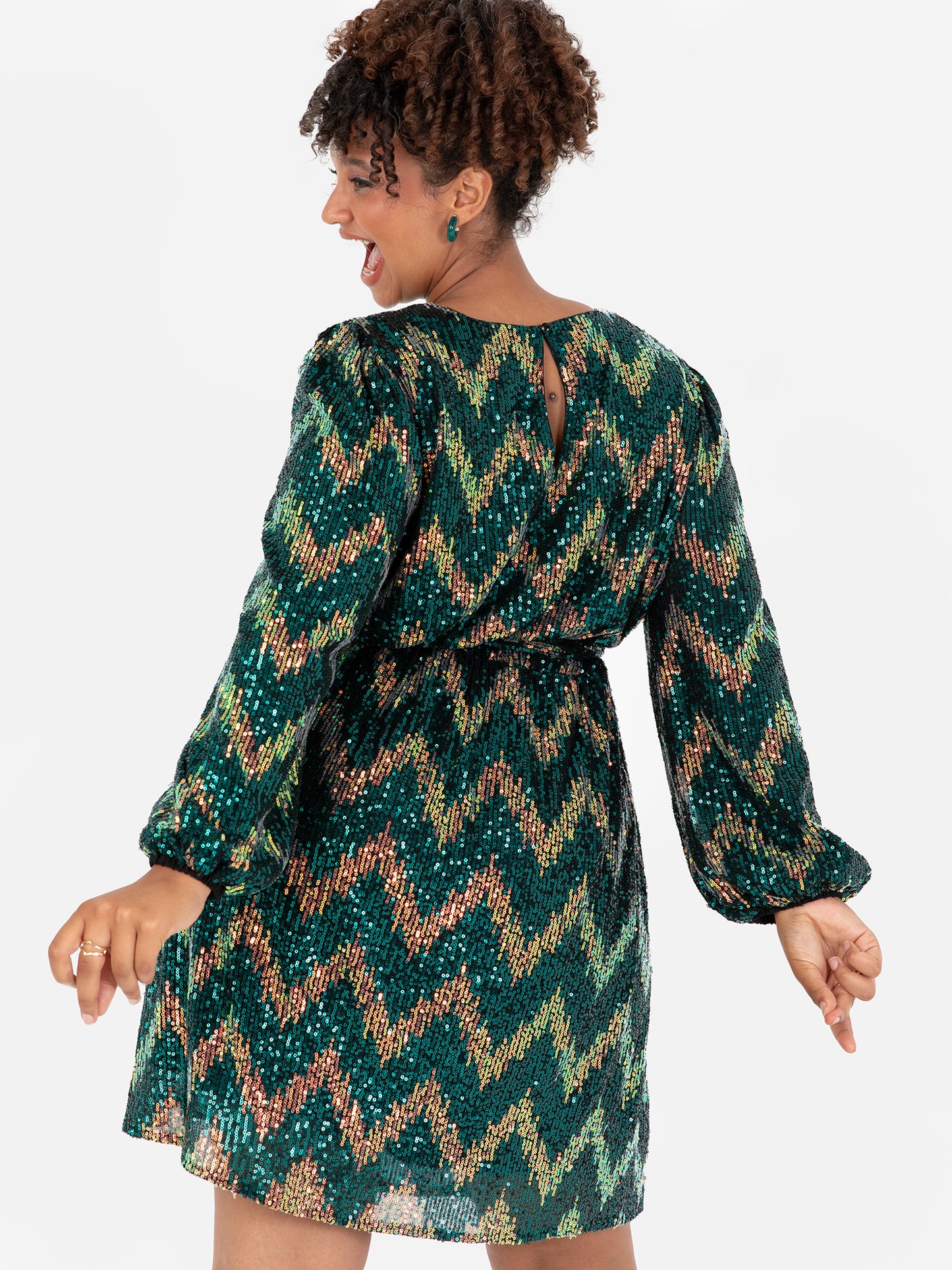 Lovedrobe Luxe Zig-Zag Sequin Maxi Sleeve Belted Mini Dress