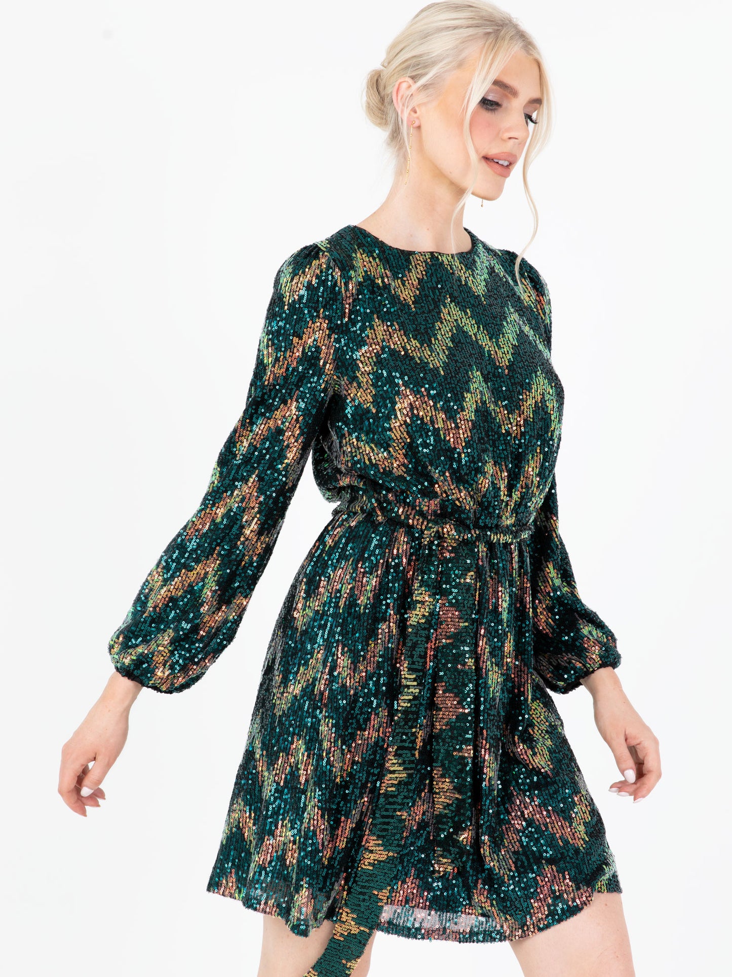 Lovedrobe Luxe Zig-Zag Sequin Maxi Sleeve Belted Mini Dress