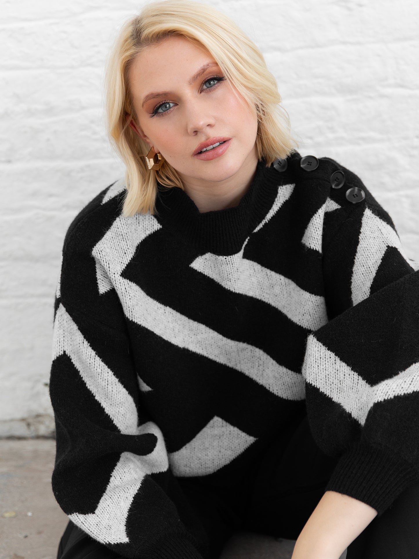 Lovedrobe Monochrome Geometric High Neck Jumper with Button Detail