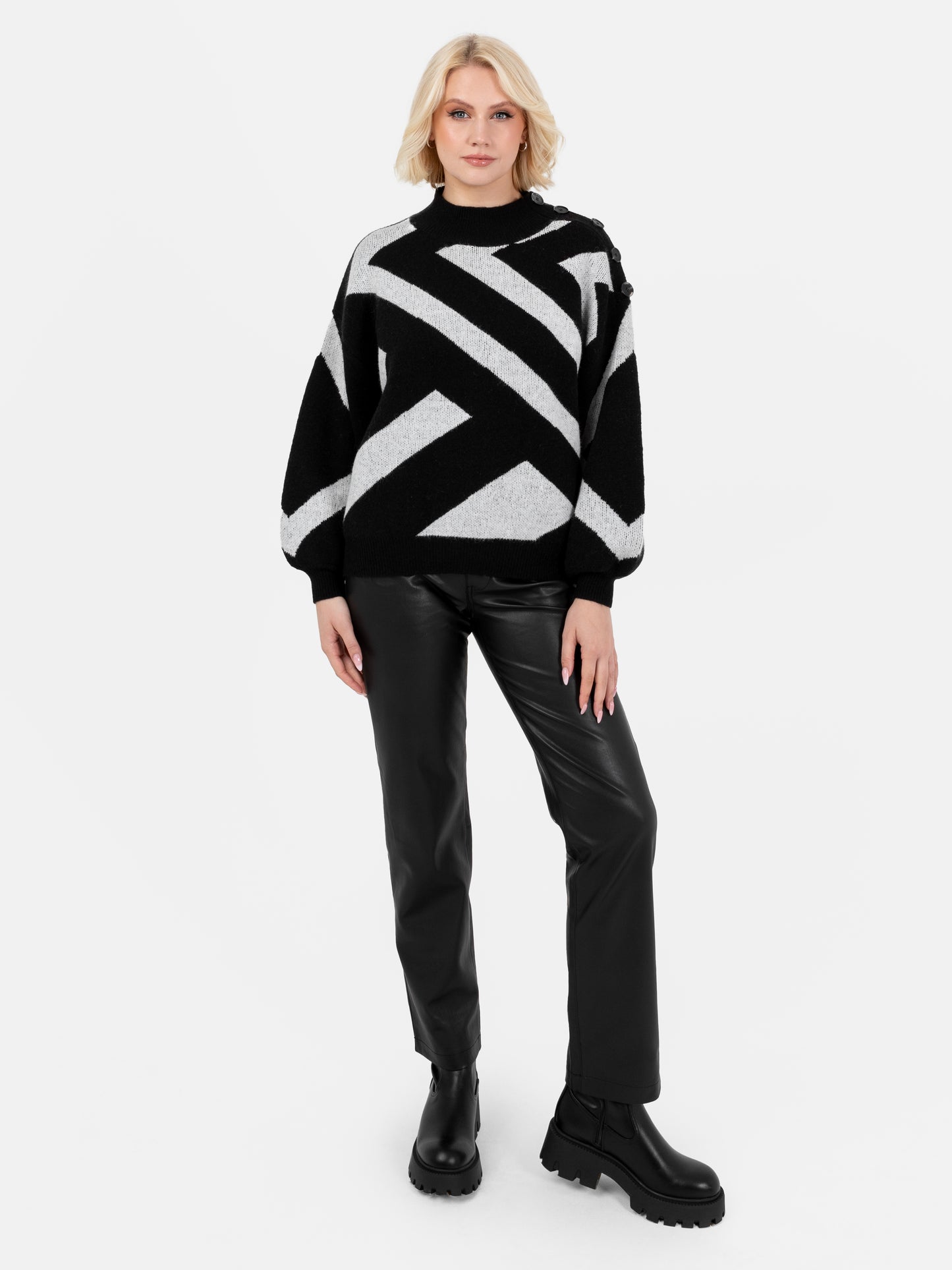 Lovedrobe Monochrome Geometric High Neck Jumper with Button Detail