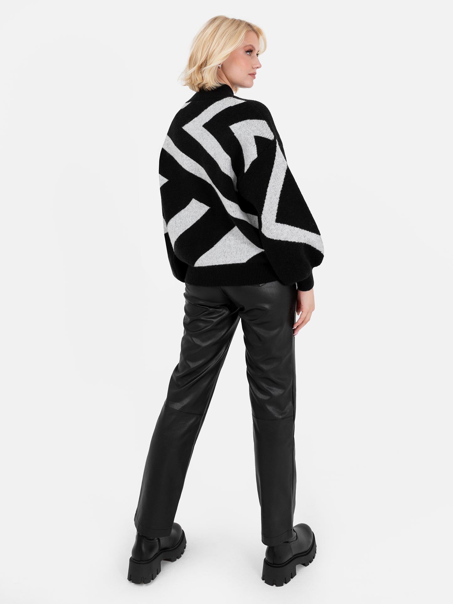 Lovedrobe Monochrome Geometric High Neck Jumper with Button Detail