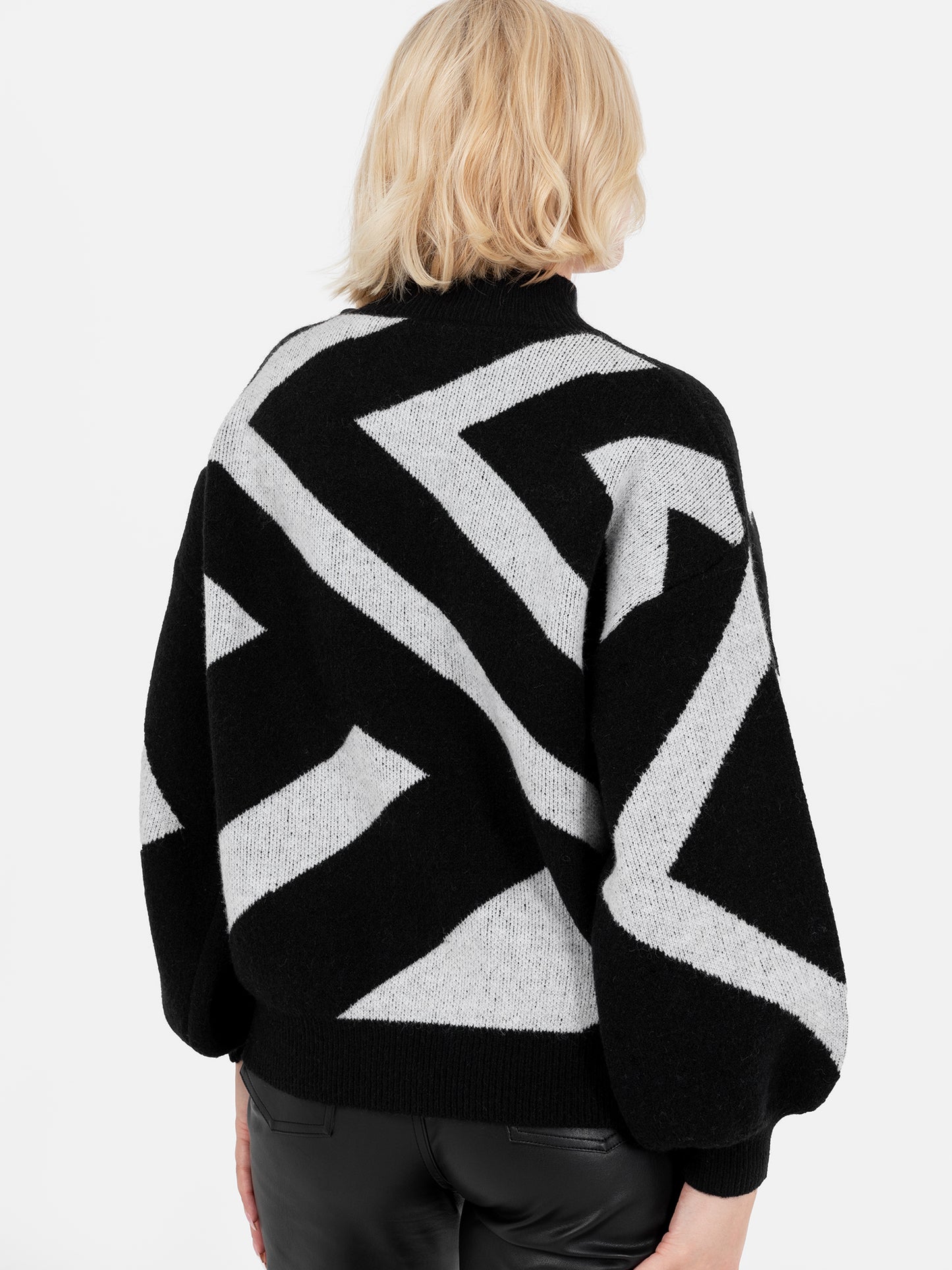 Lovedrobe Monochrome Geometric High Neck Jumper with Button Detail