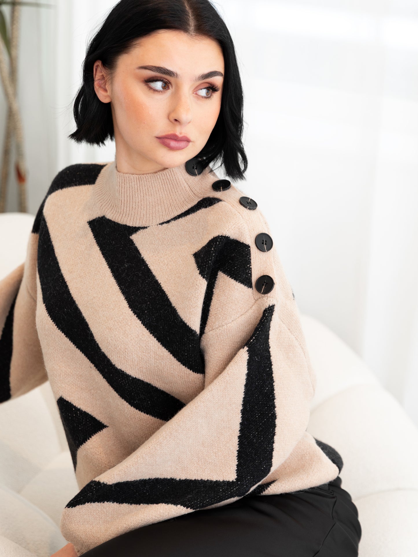 Lovedrobe Camel and Black Geometric High Neck Jumper with Button Detail