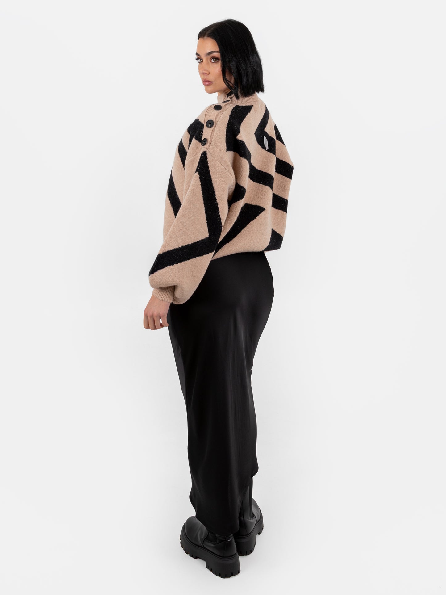 Lovedrobe Camel and Black Geometric High Neck Jumper with Button Detail