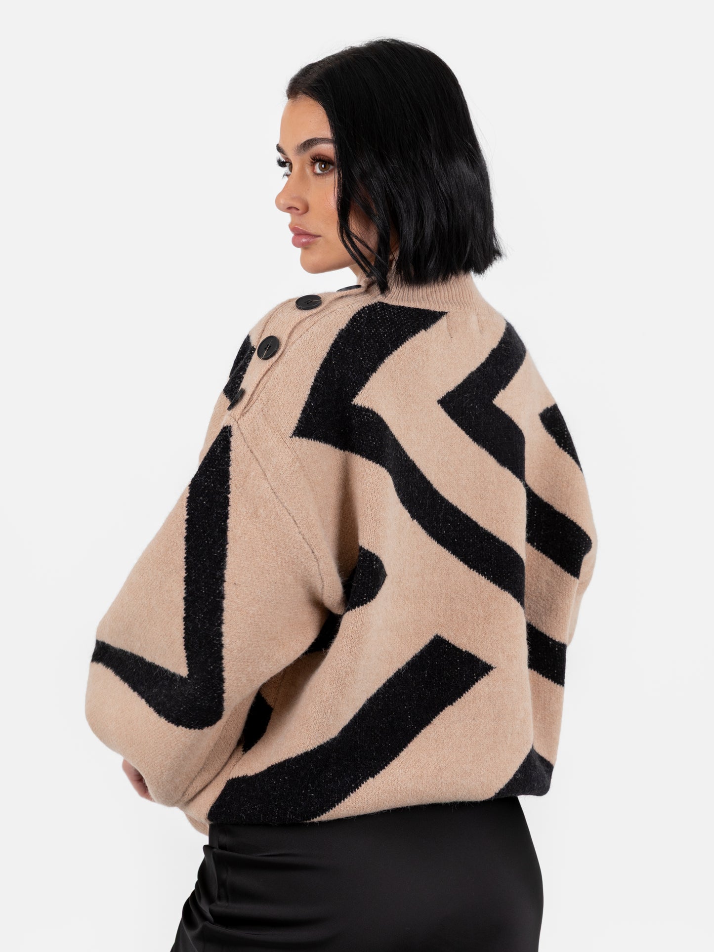 Lovedrobe Camel and Black Geometric High Neck Jumper with Button Detail
