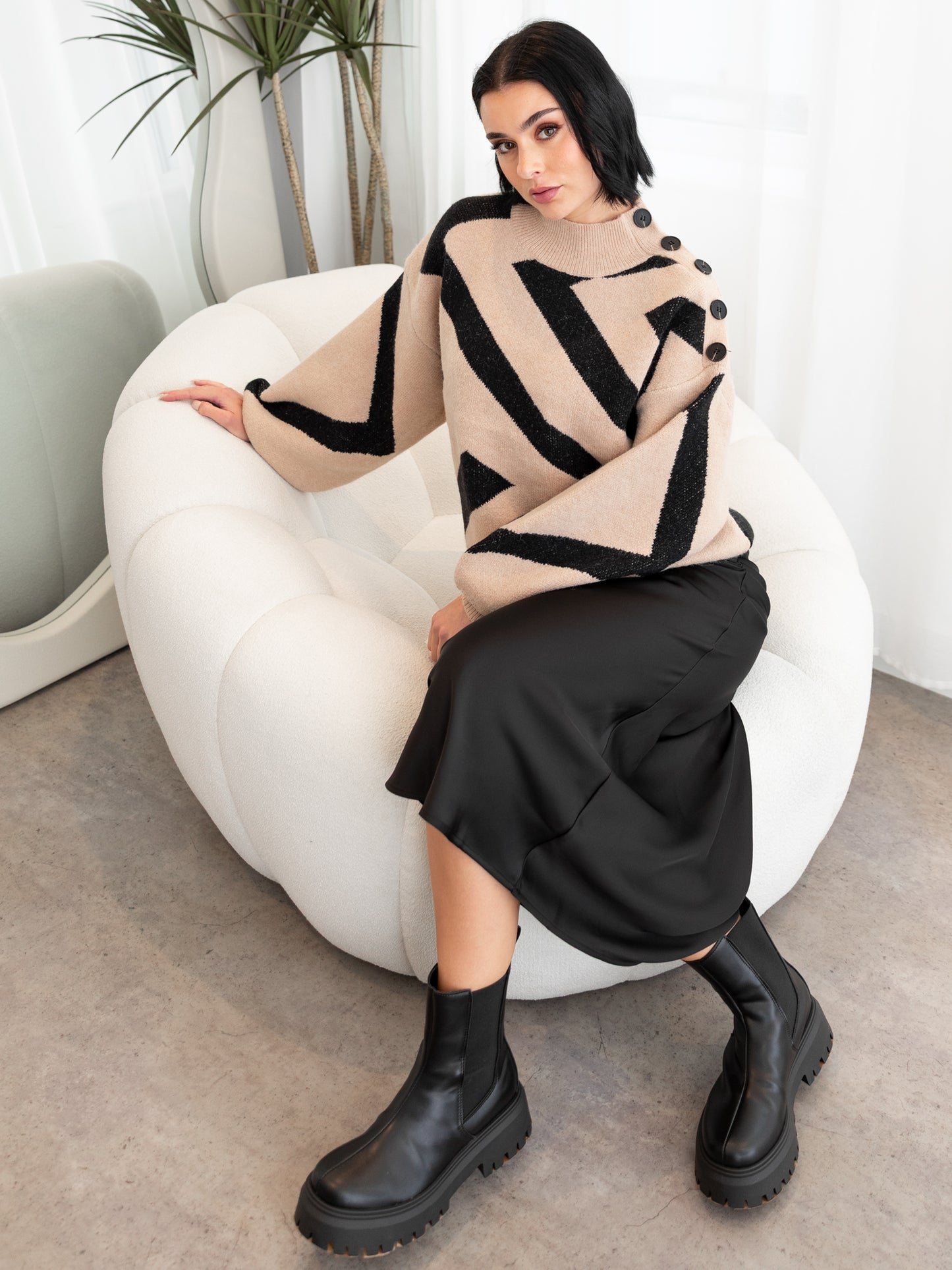 Lovedrobe Camel and Black Geometric High Neck Jumper with Button Detail