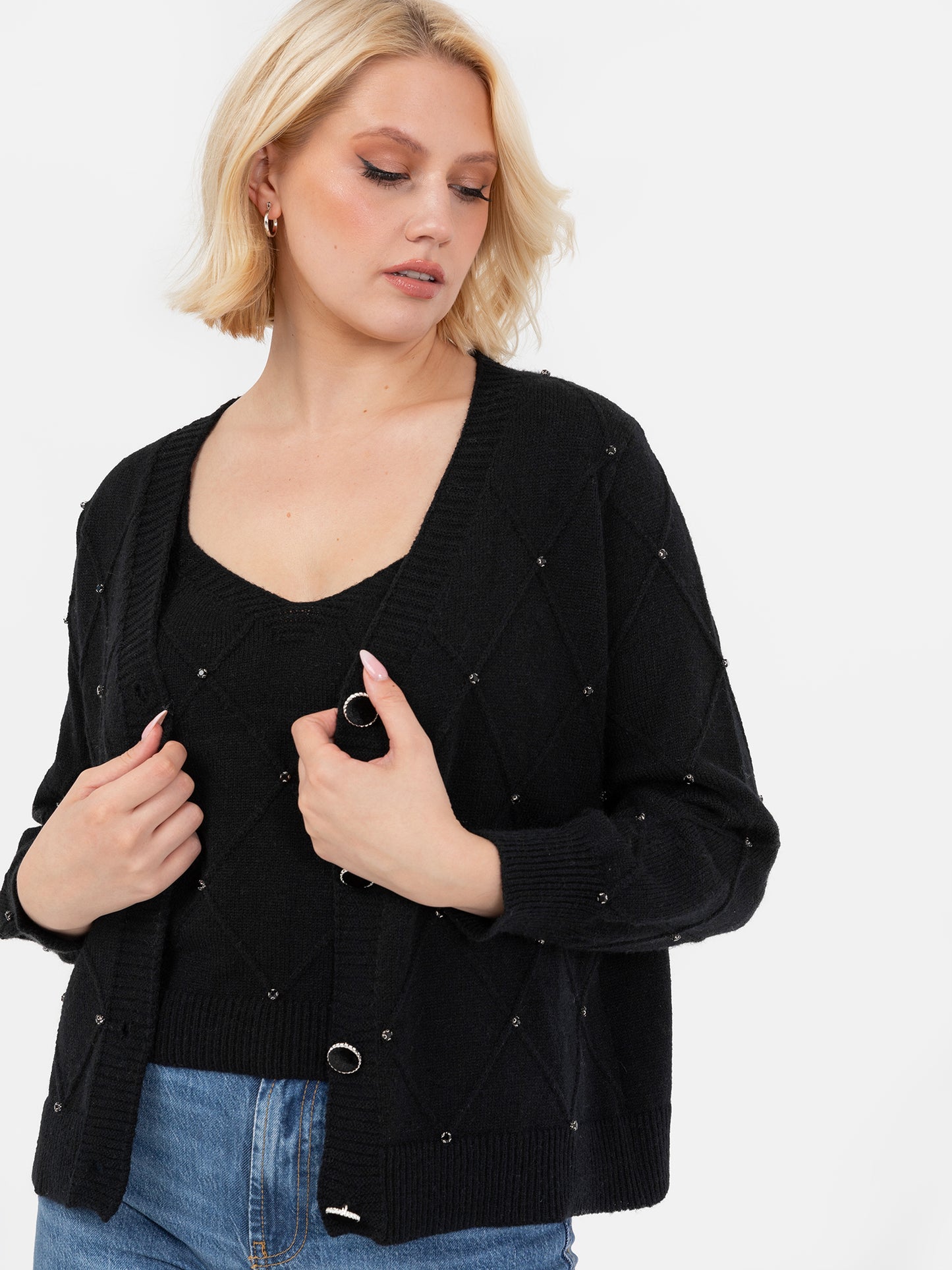 Lovedrobe Black Diamante Cardigan & Crop Top Set