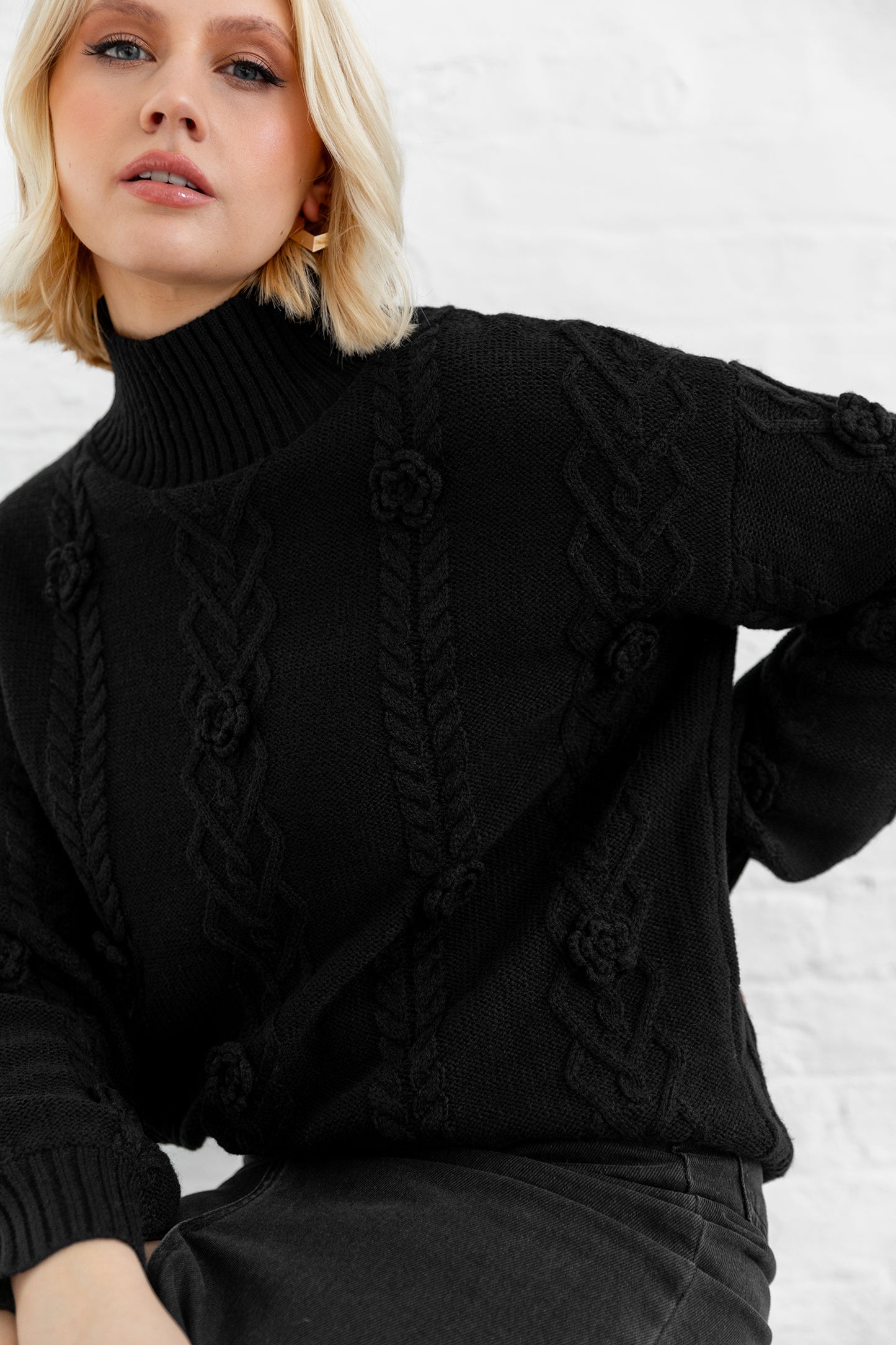 Lovedrobe Black Cable Knit High Neck Jumper with Floral Detail