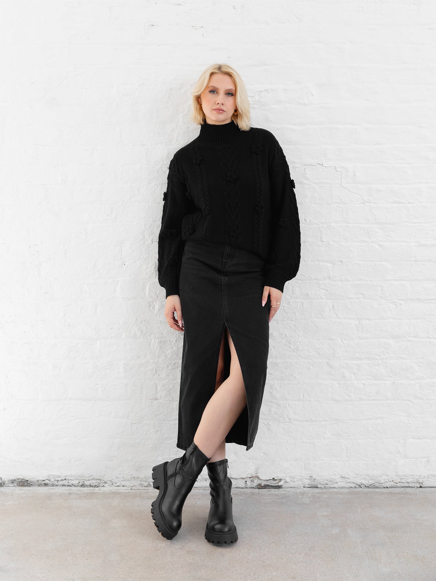 Lovedrobe Black Cable Knit High Neck Jumper with Floral Detail