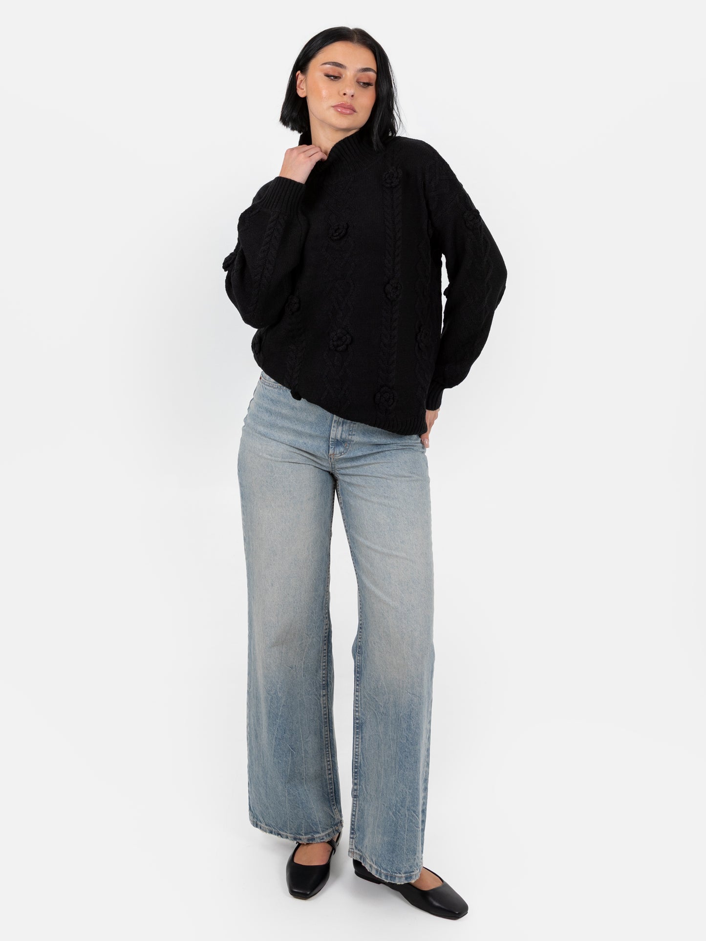 Lovedrobe Black Cable Knit High Neck Jumper with Floral Detail