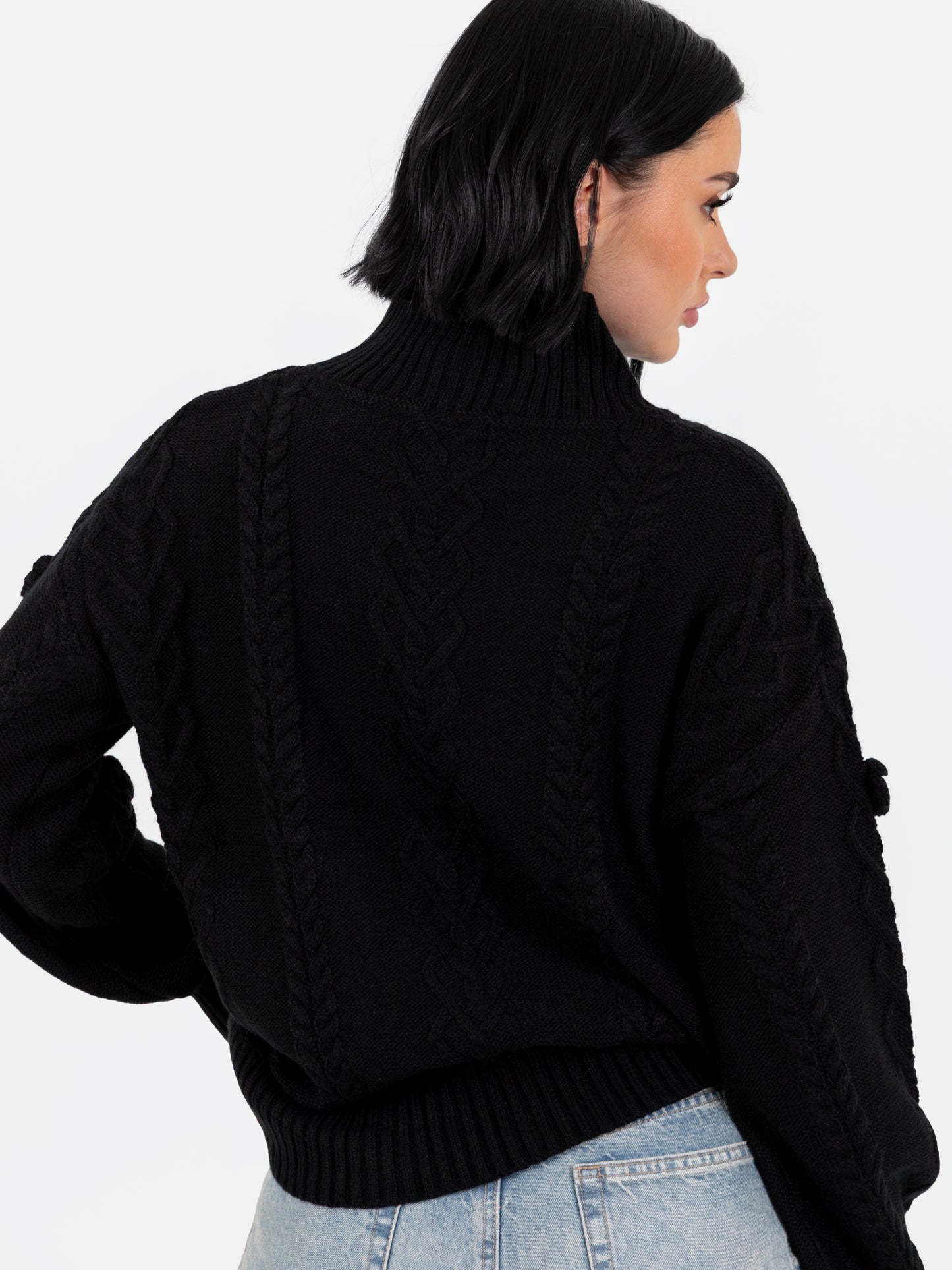 Lovedrobe Black Cable Knit High Neck Jumper with Floral Detail
