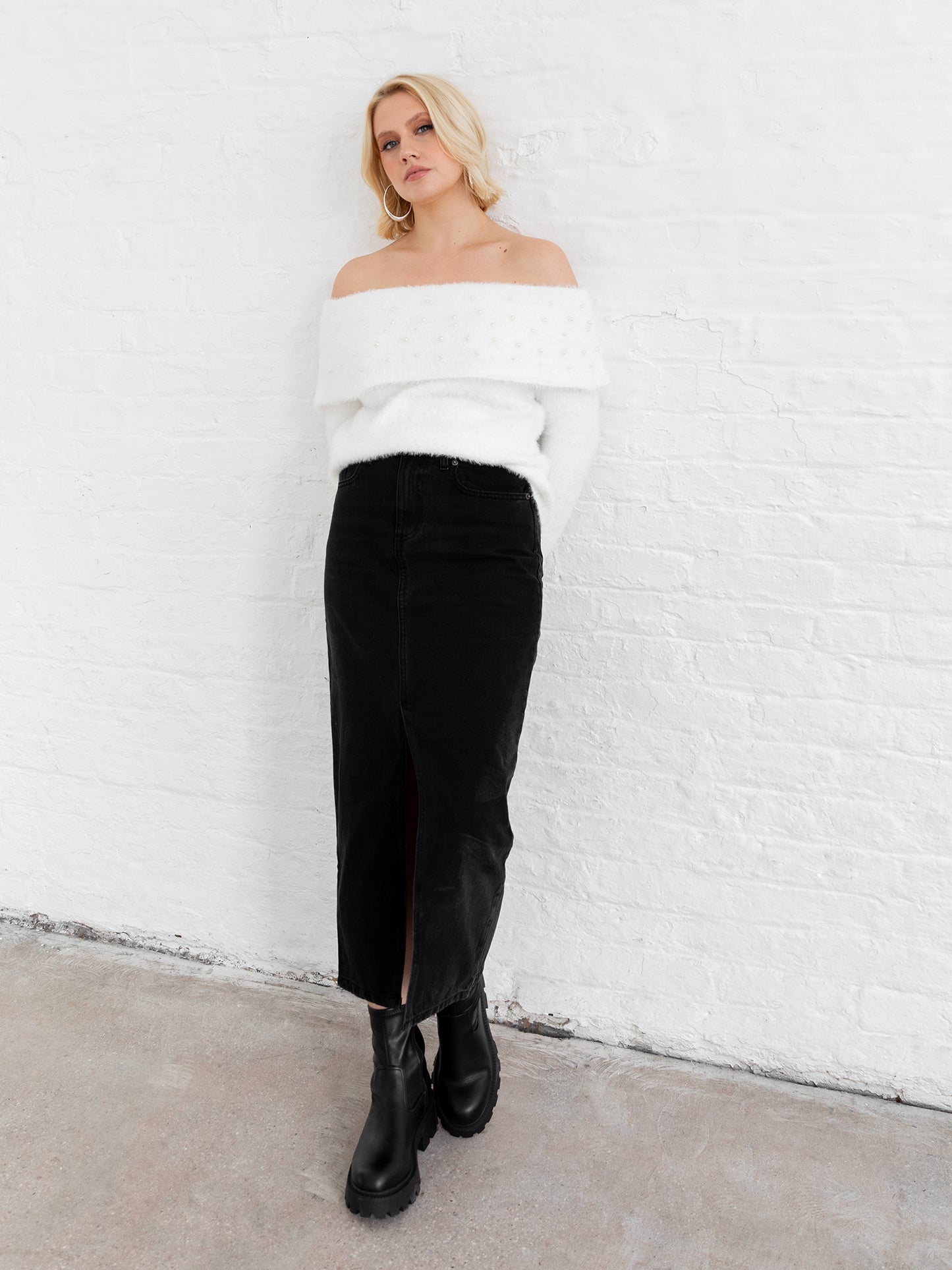 Lovedrobe Pearl Embellished Ivory Bardot Jumper