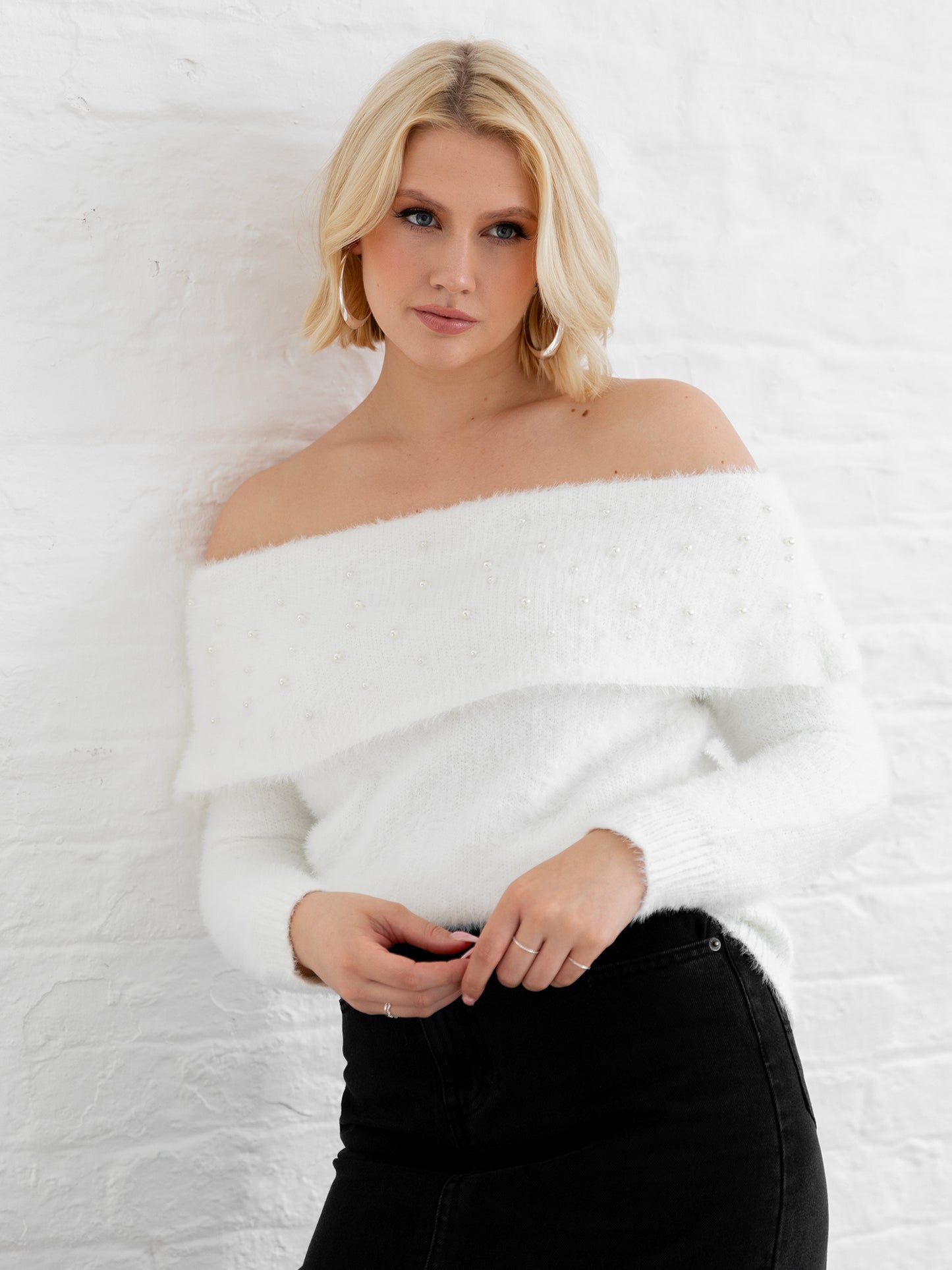 Lovedrobe Pearl Embellished Ivory Bardot Jumper