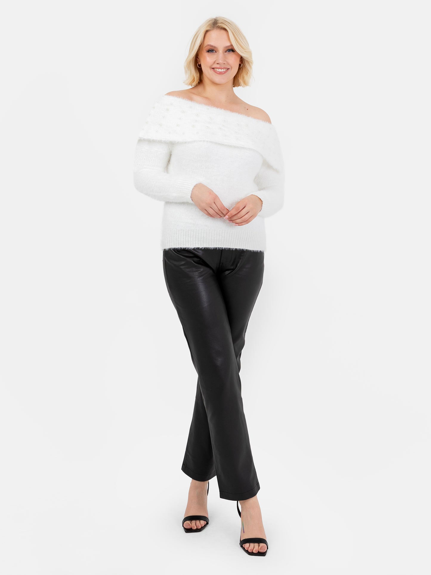 Lovedrobe Pearl Embellished Ivory Bardot Jumper