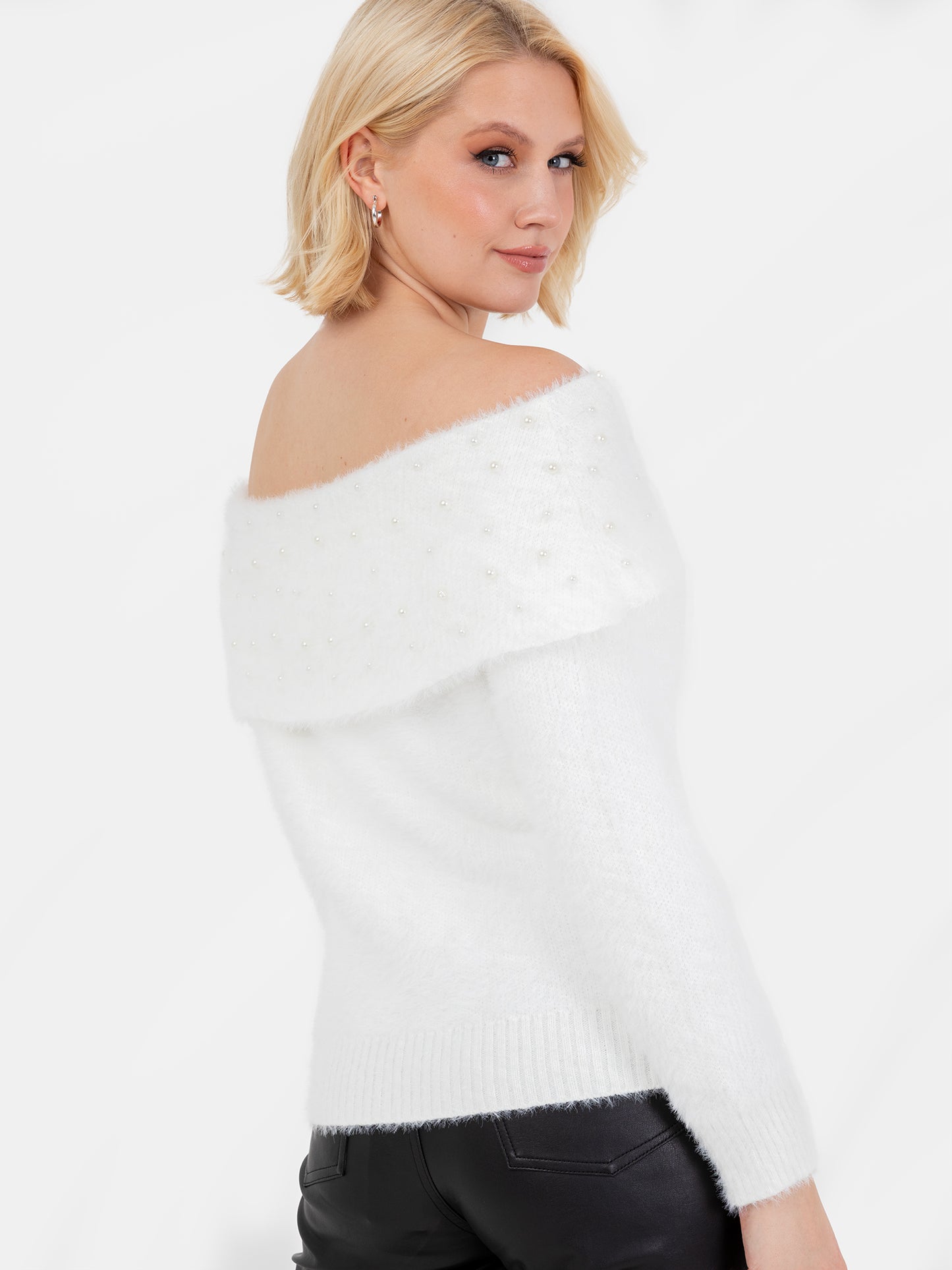 Lovedrobe Pearl Embellished Ivory Bardot Jumper