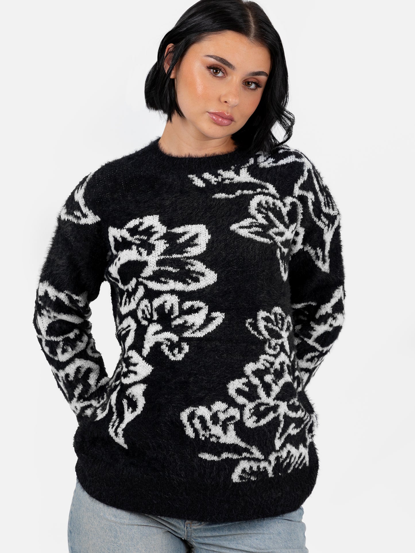Lovedrobe Black & White Floral Jacquard Jumper