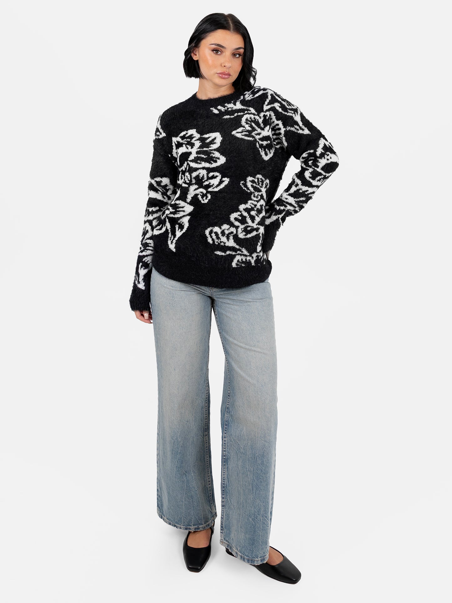 Lovedrobe Black & White Floral Jacquard Jumper