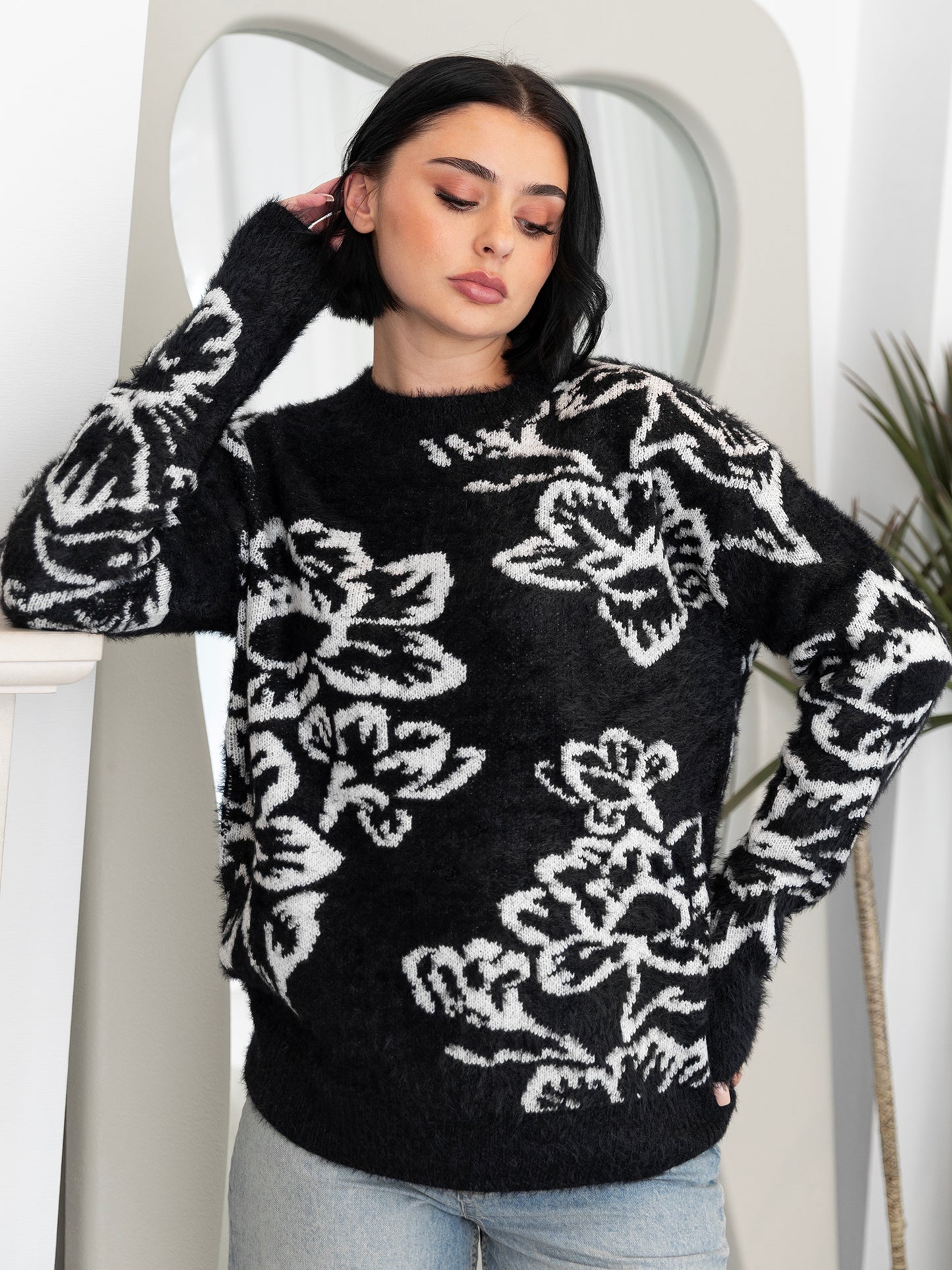 Lovedrobe Black & White Floral Jacquard Jumper