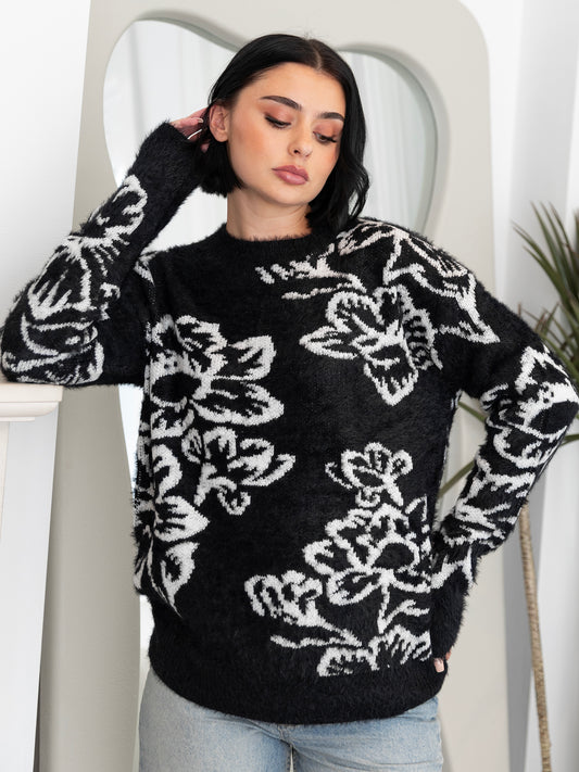 Lovedrobe Black & White Floral Jacquard Jumper