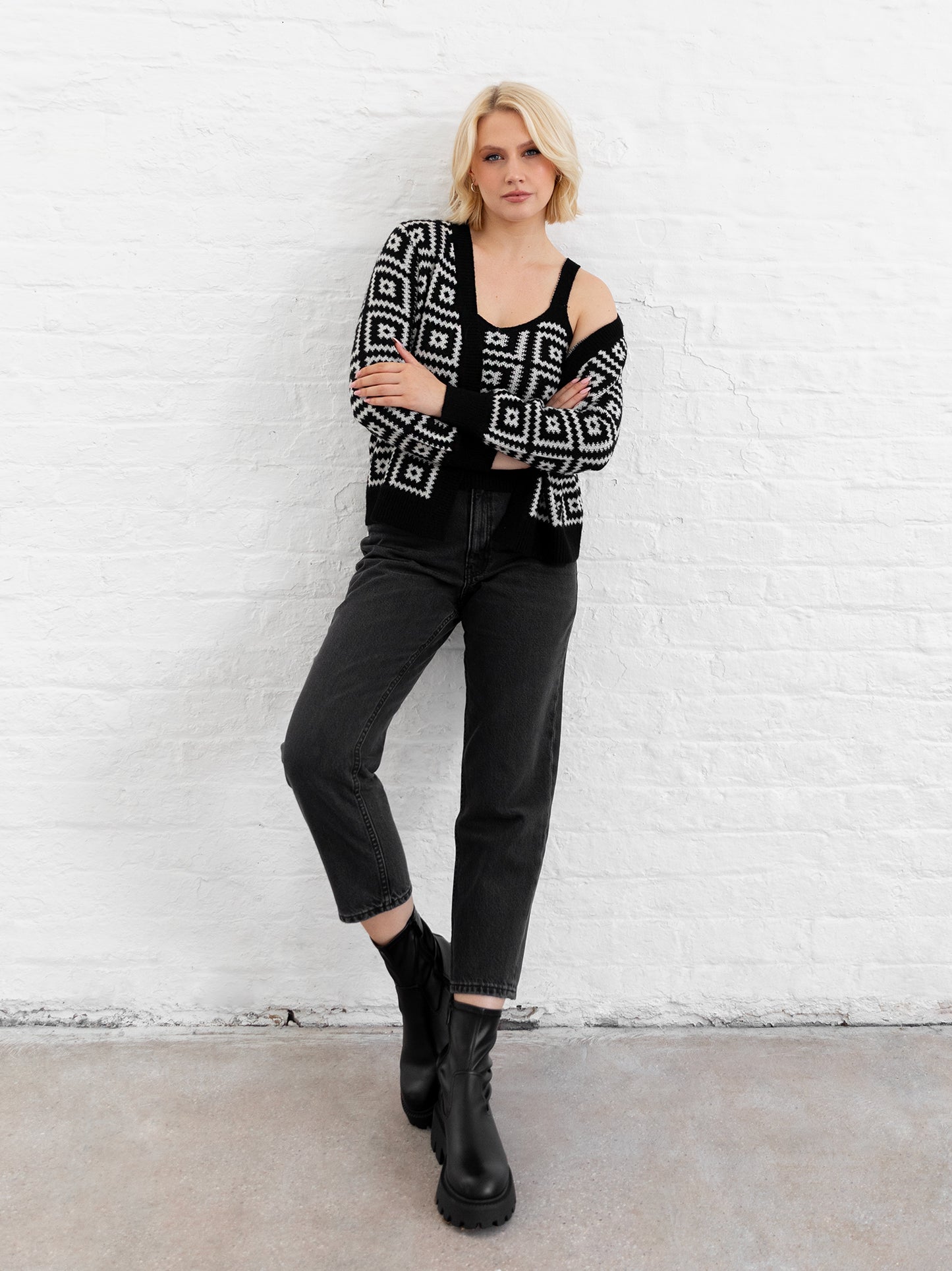 Lovedrobe Monochrome Granny Square Cardigan & Crop Top Set