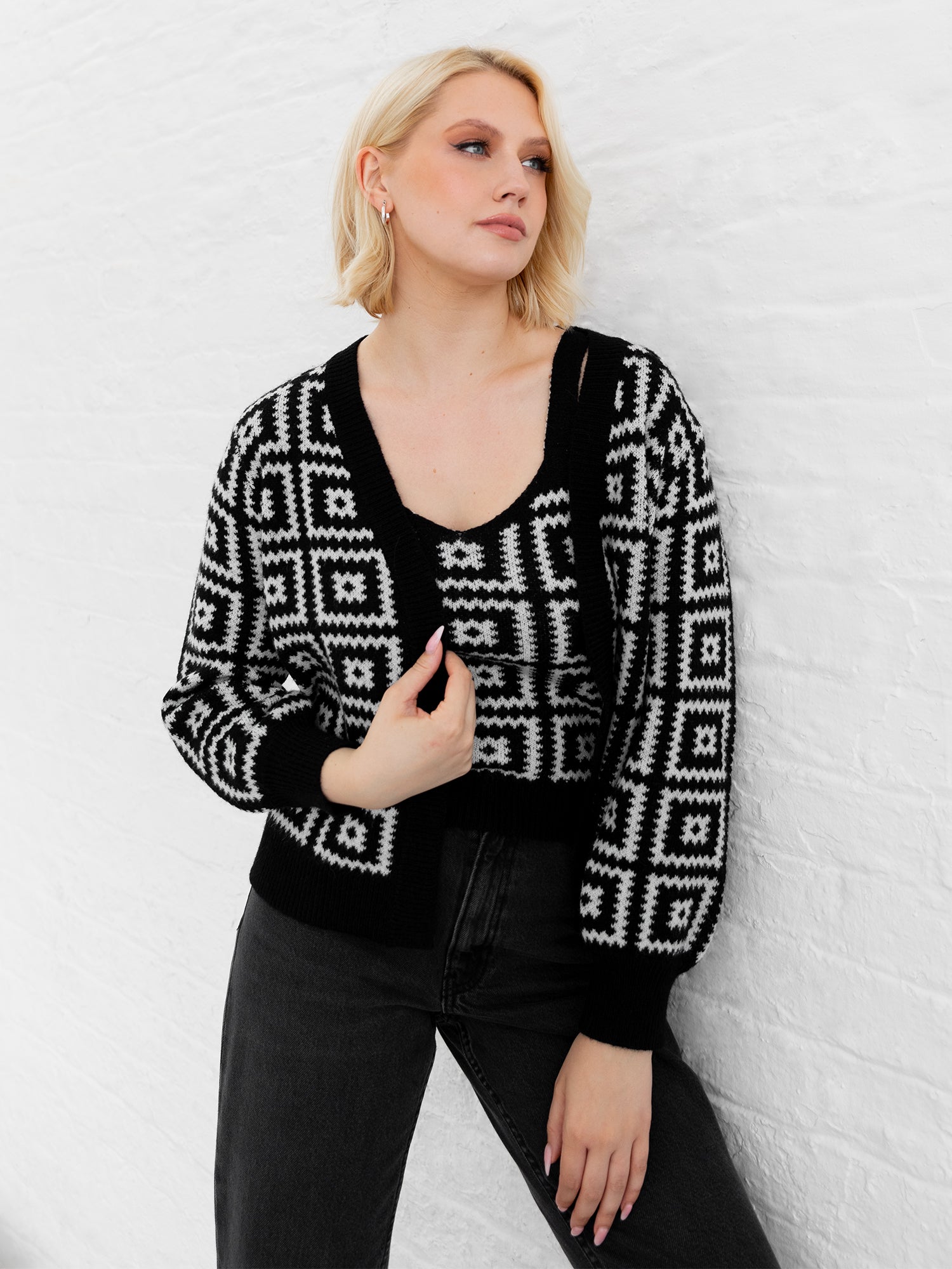 Lovedrobe Monochrome Granny Square Cardigan & Crop Top Set
