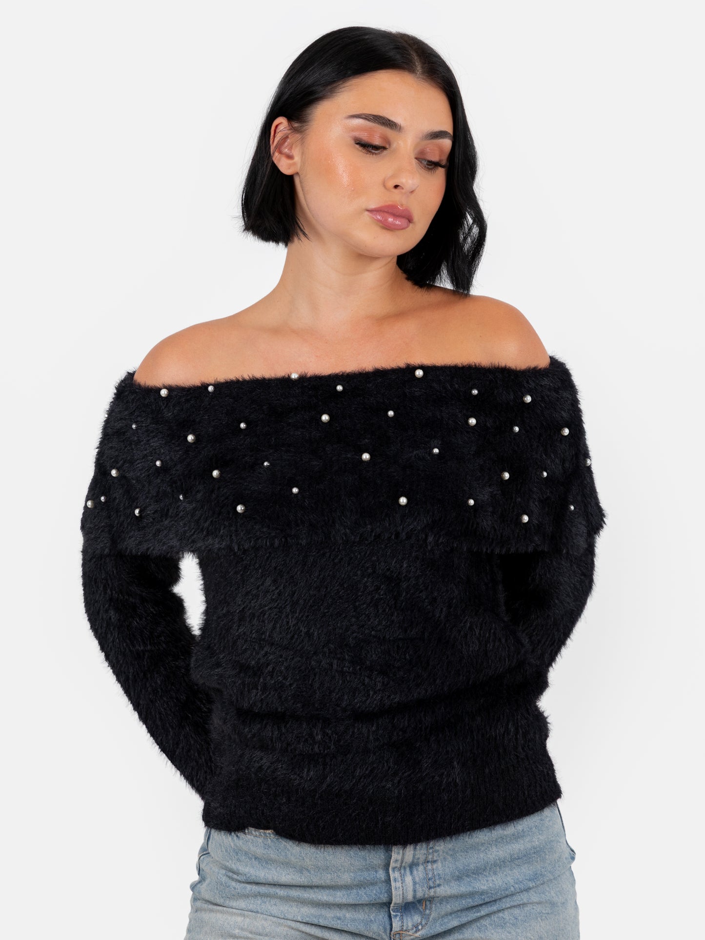 Lovedrobe Pearl Embellished Black Bardot Jumper