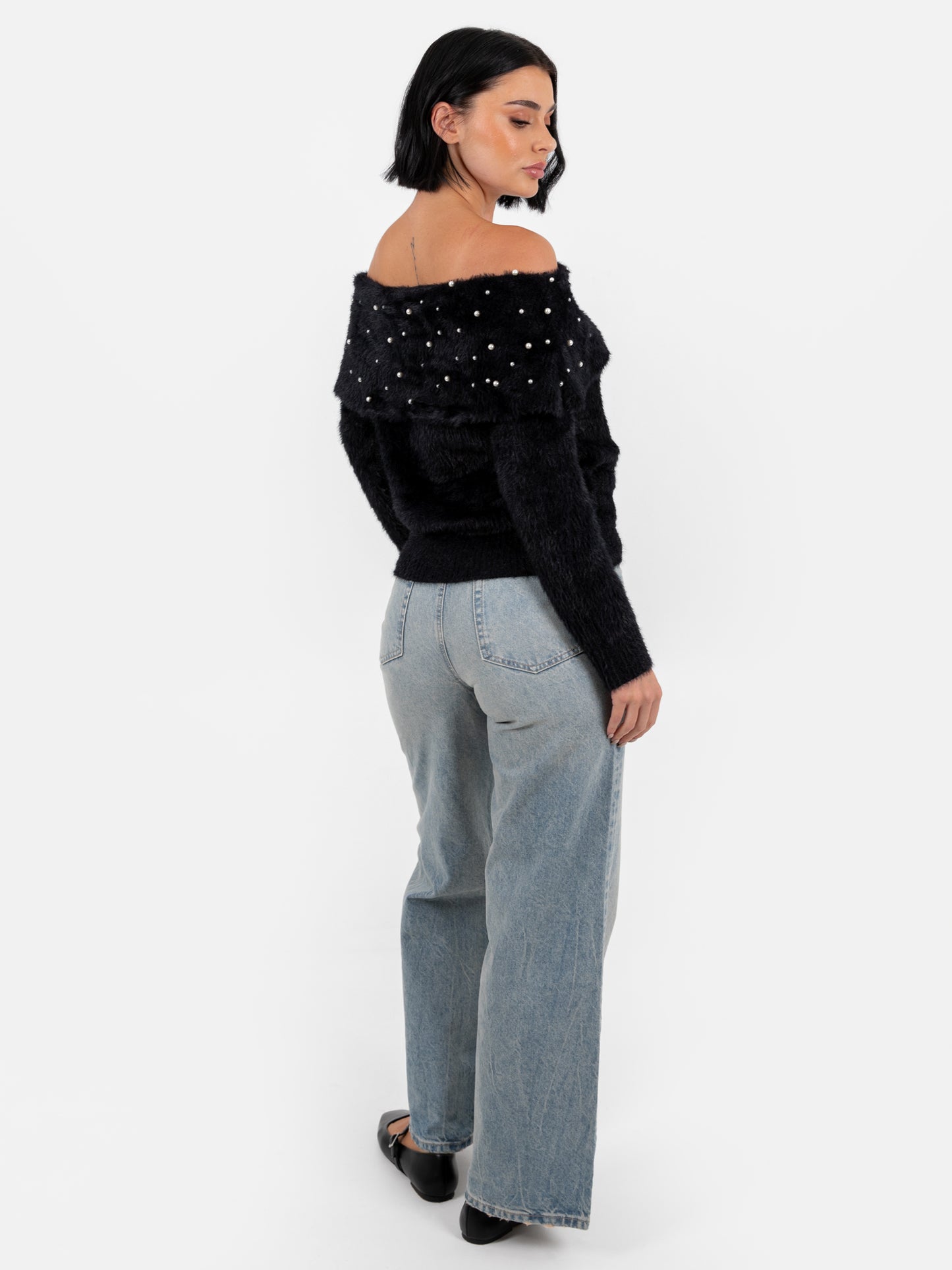 Lovedrobe Pearl Embellished Black Bardot Jumper