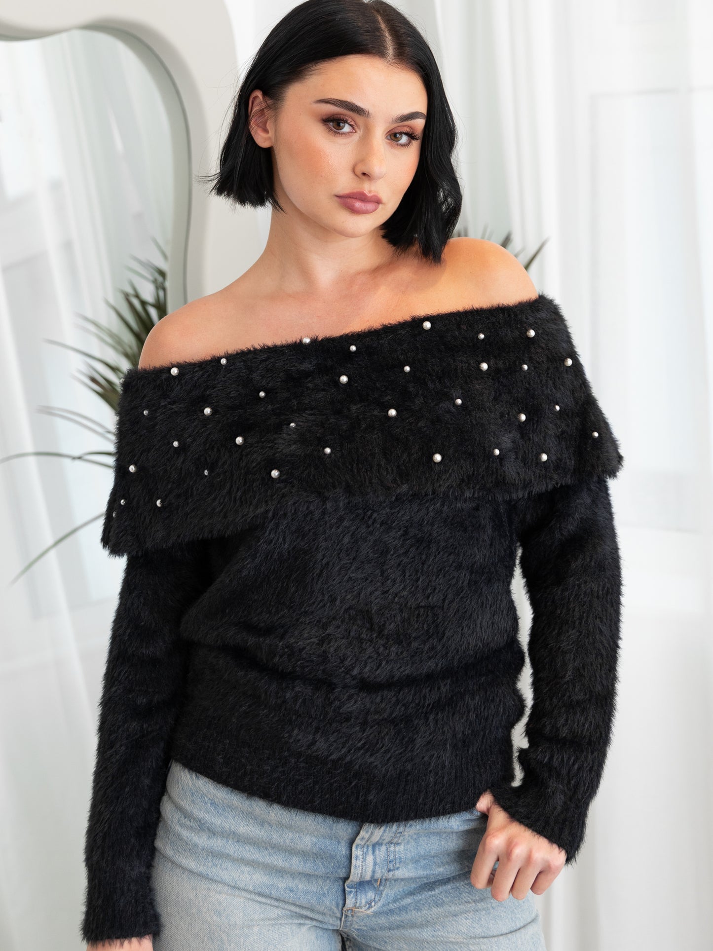 Lovedrobe Pearl Embellished Black Bardot Jumper