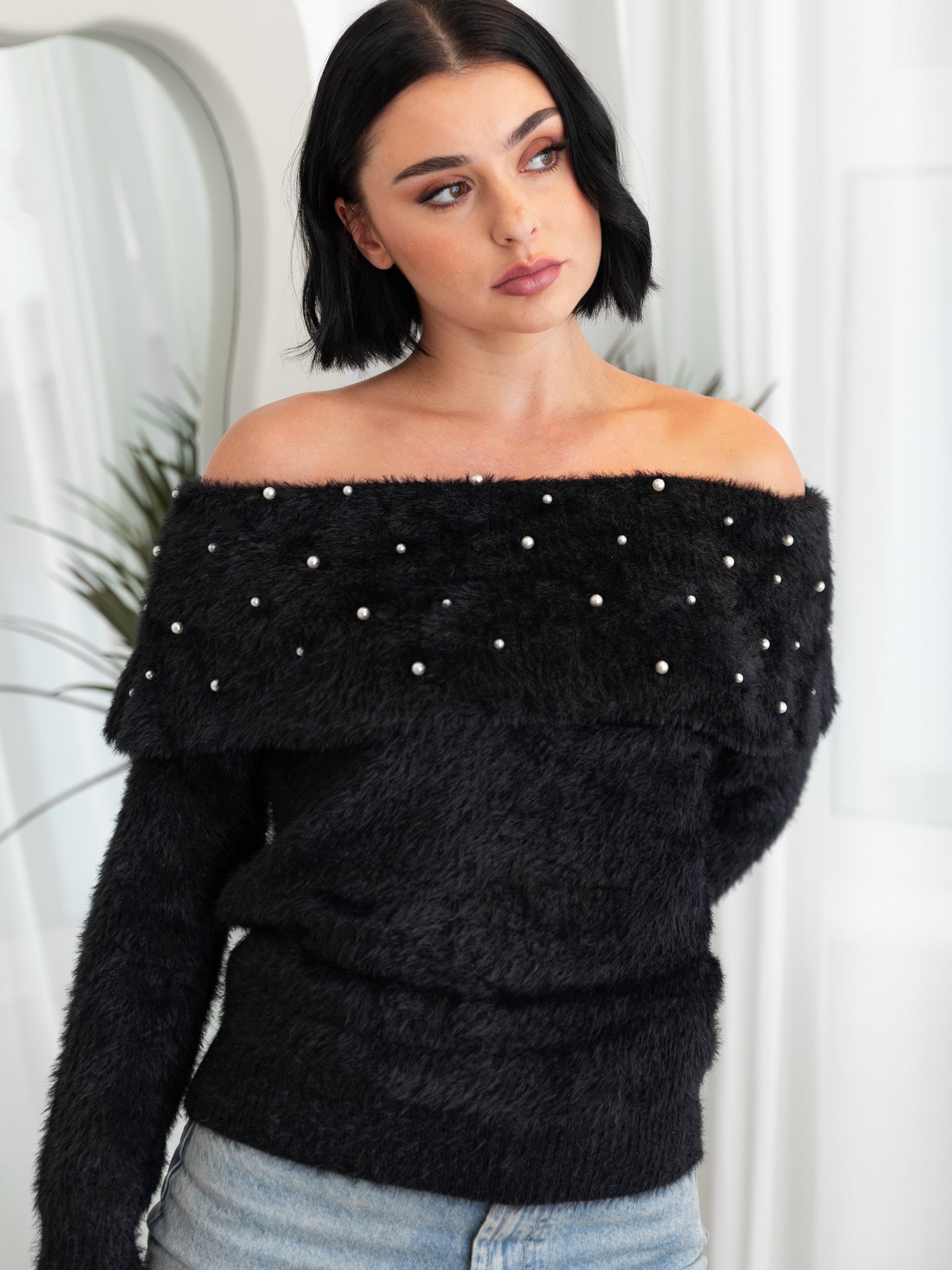 Lovedrobe Pearl Embellished Black Bardot Jumper