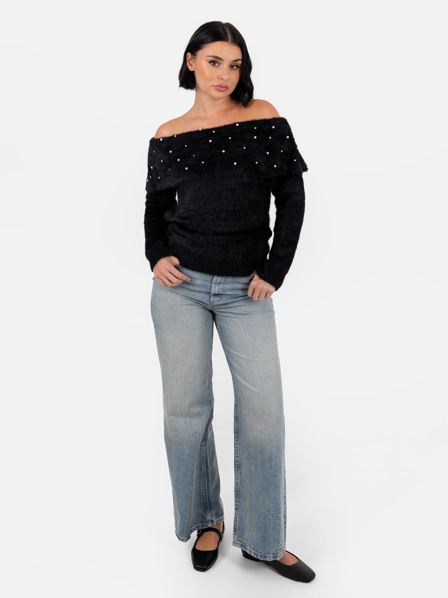 Lovedrobe Pearl Embellished Black Bardot Jumper