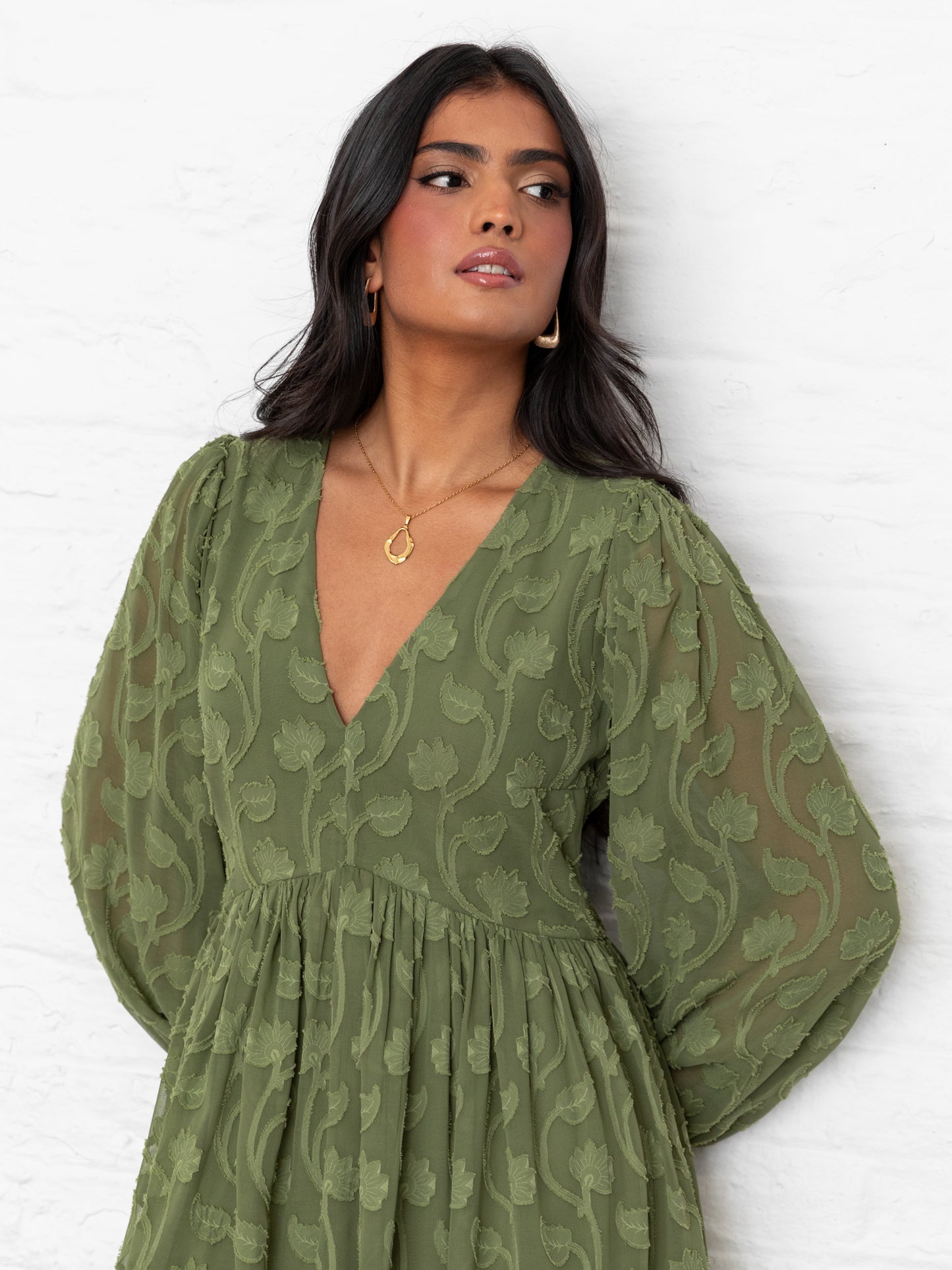 Lovedrobe Khaki Long Sleeve Floral Burn Out Mini Dress