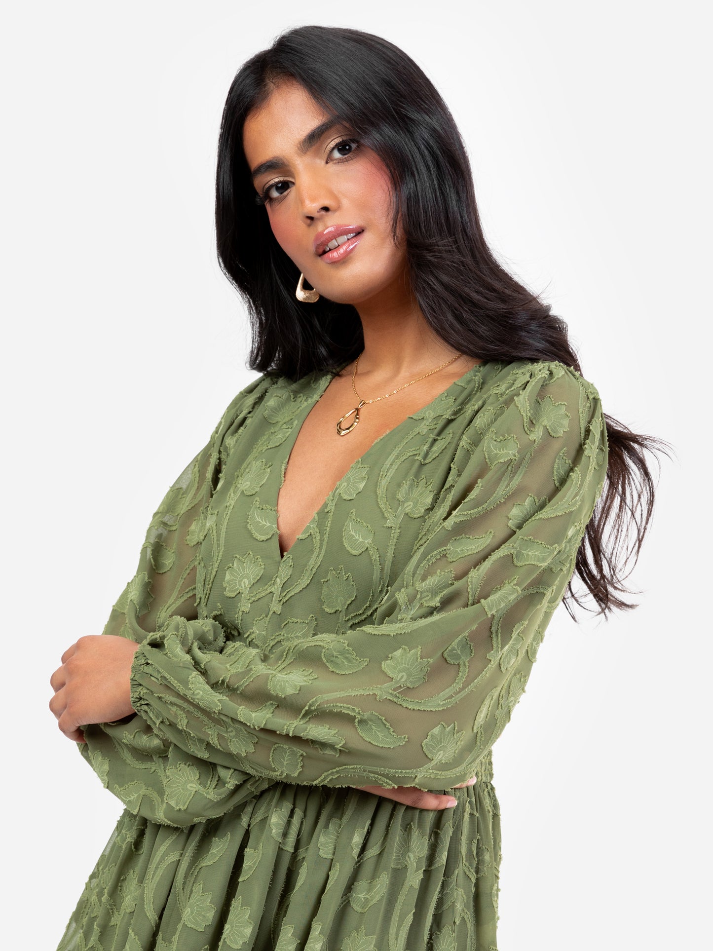 Lovedrobe Khaki Long Sleeve Floral Burn Out Mini Dress