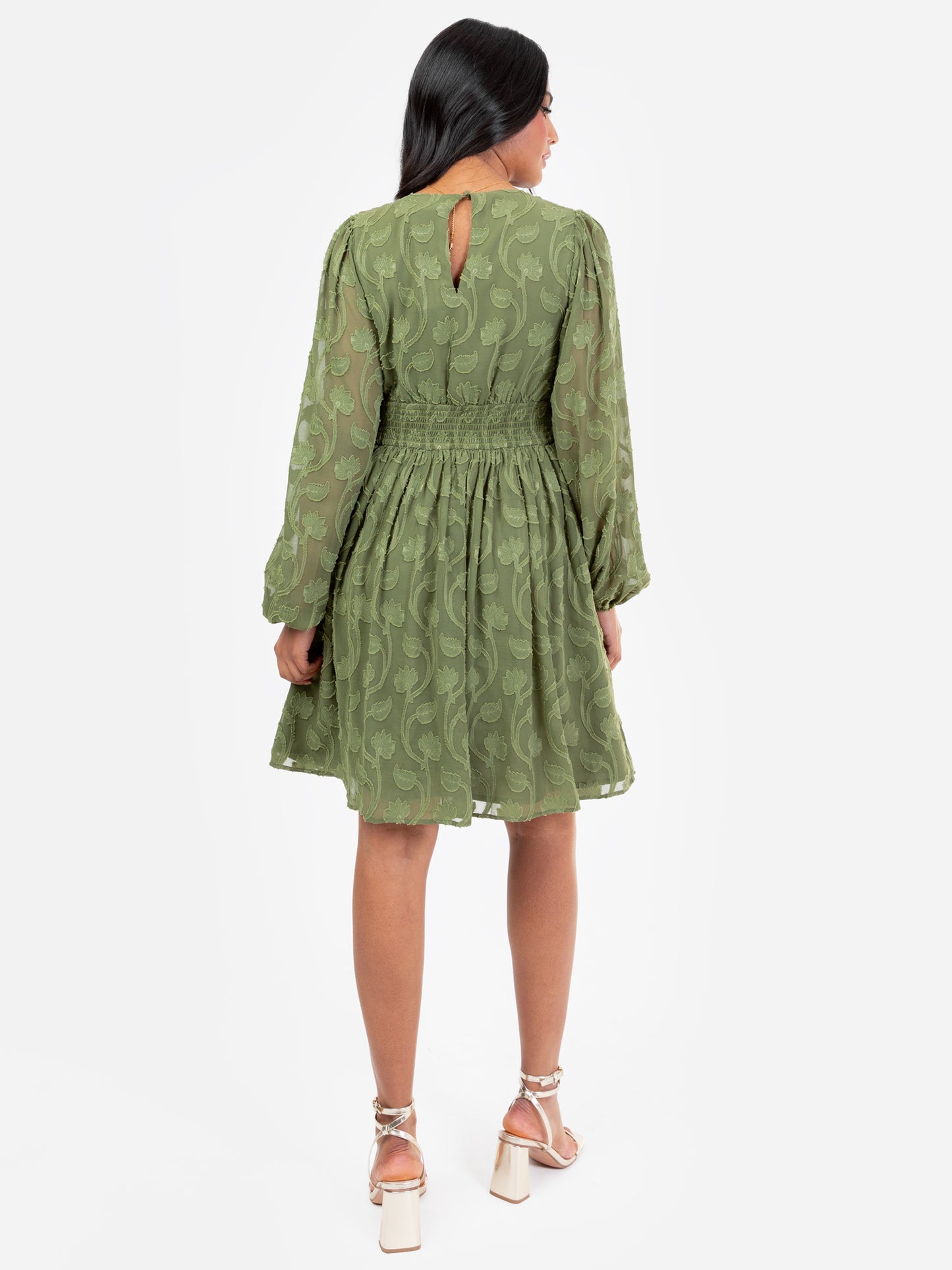 Lovedrobe Khaki Long Sleeve Floral Burn Out Mini Dress