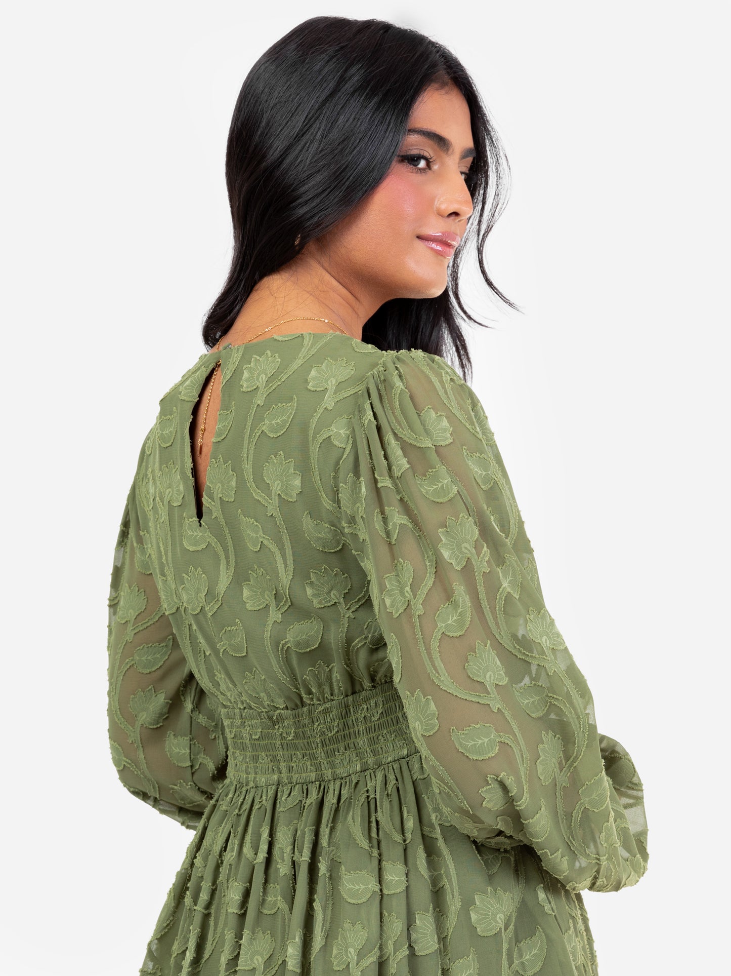 Lovedrobe Khaki Long Sleeve Floral Burn Out Mini Dress